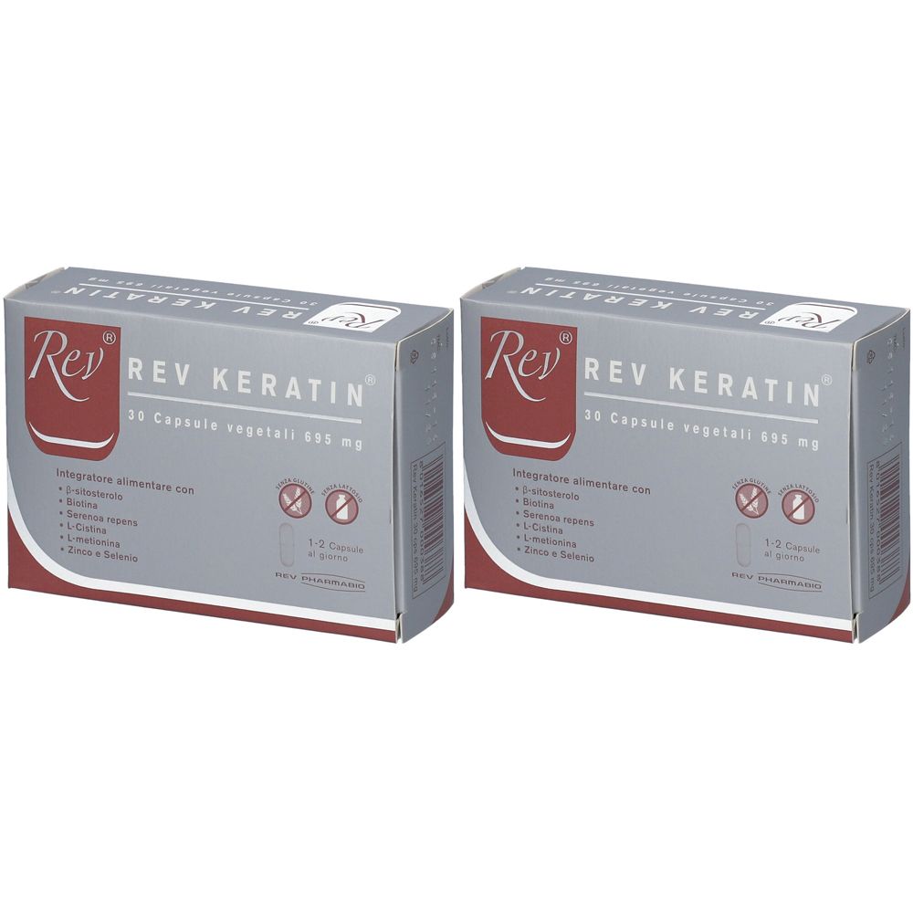 Due scatole grigie "Rev REV KERATIN". Logo rosso, informazioni prodotto e capsule vegetali.