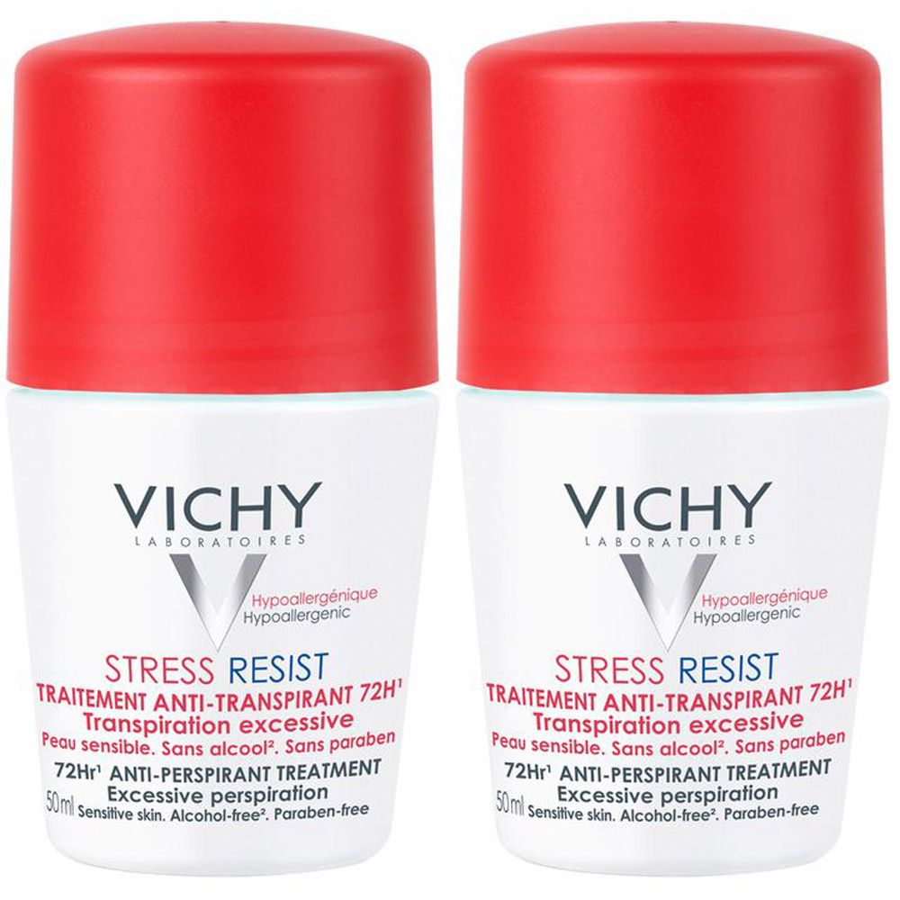 Due deodoranti roll-on bianchi e rossi. Scritte: VICHY, STRESS RESIST, trattamento anti-traspirante 72H. Per pelli sensibili.