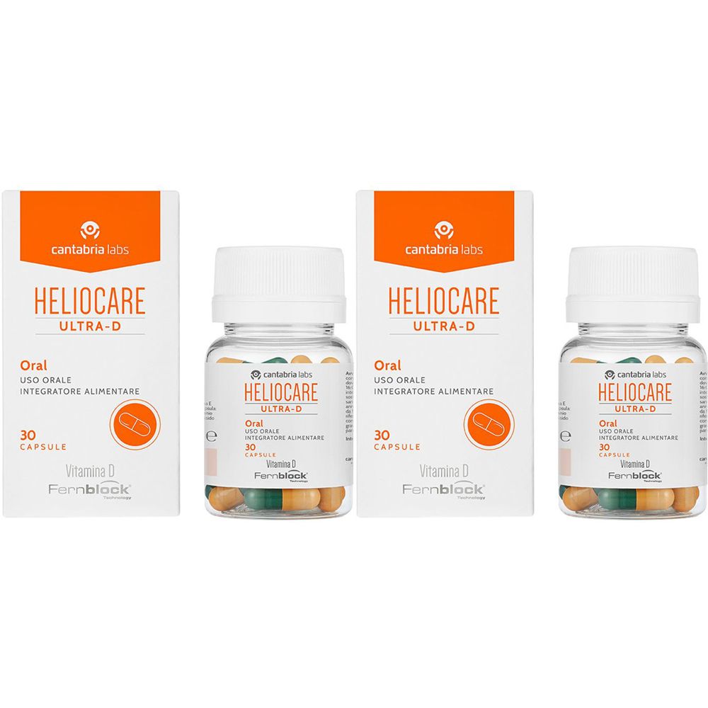 Due scatole e due flaconi di capsule. Scritta: Heliocare Ultra-D, Oral, 30 capsule. Marchio: Cantabria Labs.