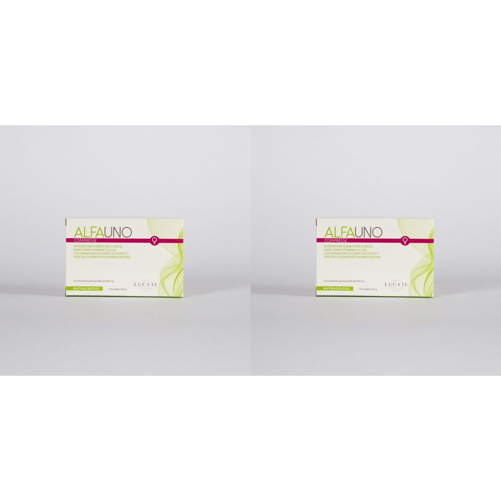Due confezioni ALFAUNO. Design verde e bianco con linea rossa e logo. Scritta verde.