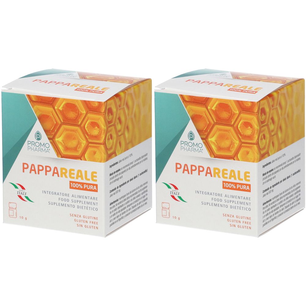 Due scatole quadrate con scritta "PAPPAREALE 100% PURA". Marchio: Promo Pharma. Bandiera italiana.