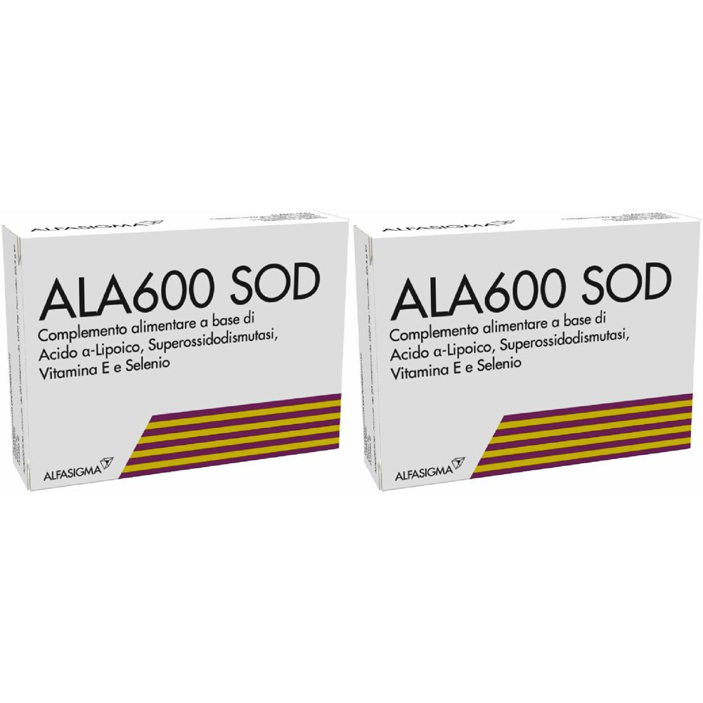 Due scatole bianche con la scritta ALA600 SOD. Testo sottostante: Complemento alimentare a base di Acido a-Lipoico, Superossidodismutasi, Vitamina E e Selenio.