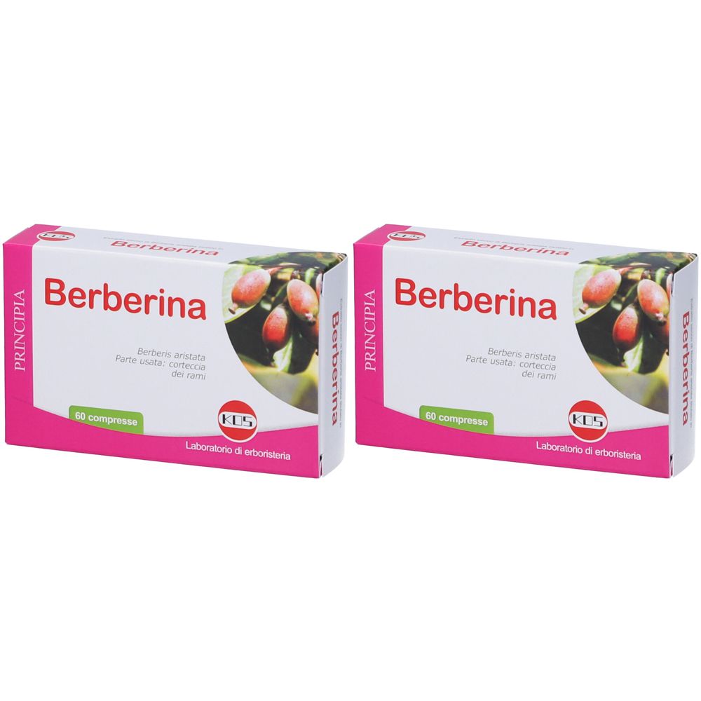 Due scatole di "Berberina". Confezione rosa e bianca con nome del prodotto e illustrazione di frutti.
