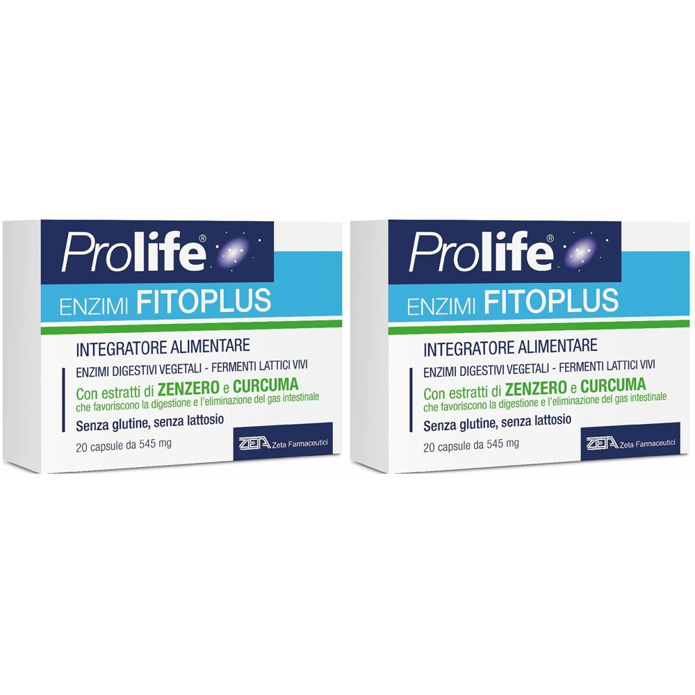 Due confezioni di Prolife Enzimi Fitoplus. Scritta: Integratore Alimentare. Contiene estratti di zenzero e curcuma. Senza glutine, senza lattosio.