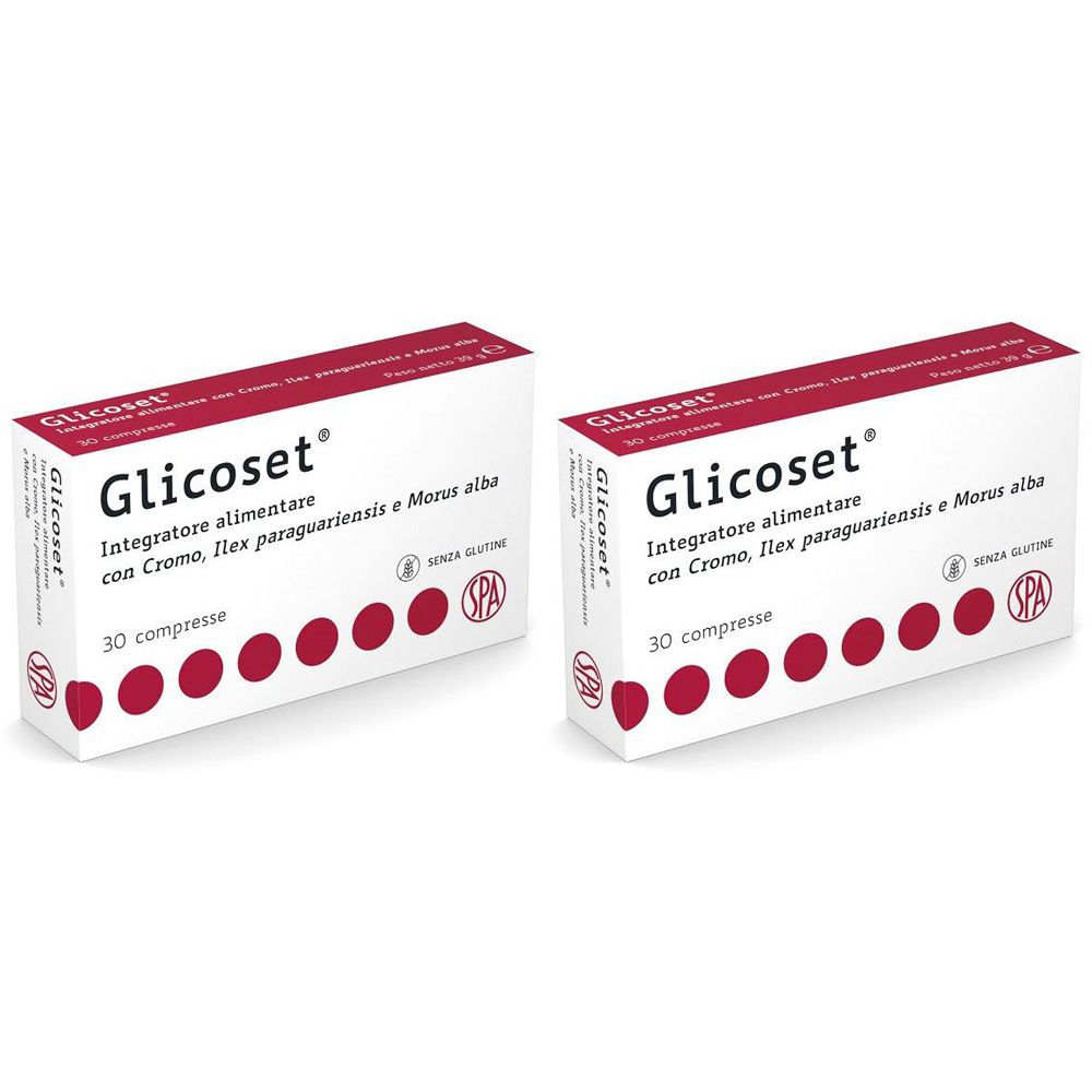 Due scatole di compresse "Glicoset". Scritto: "Integratore alimentare" e "30 compresse".