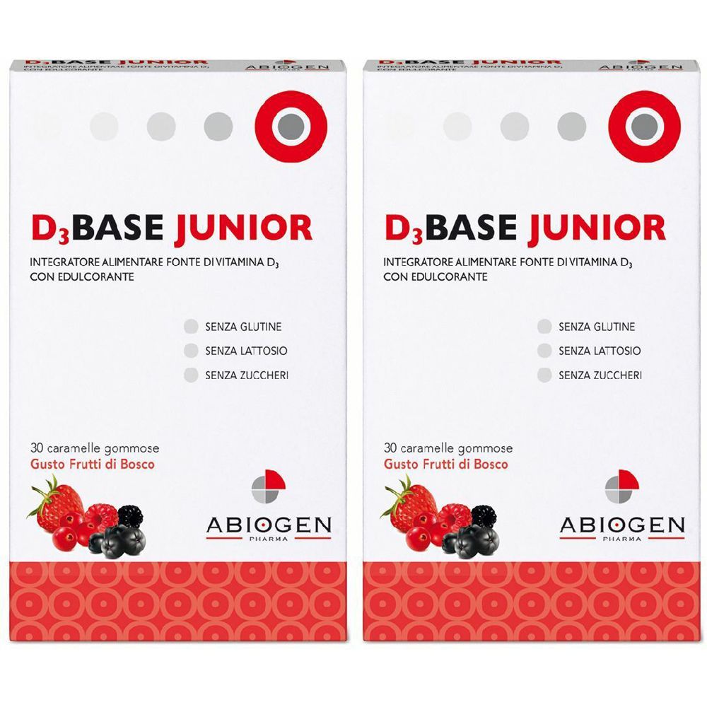 Due scatole di D3Base Junior. Scritto: Integratore alimentare fonte di vitamina D, con edulcorante. Senza glutine, lattosio e zuccheri. ABIOGEN.
