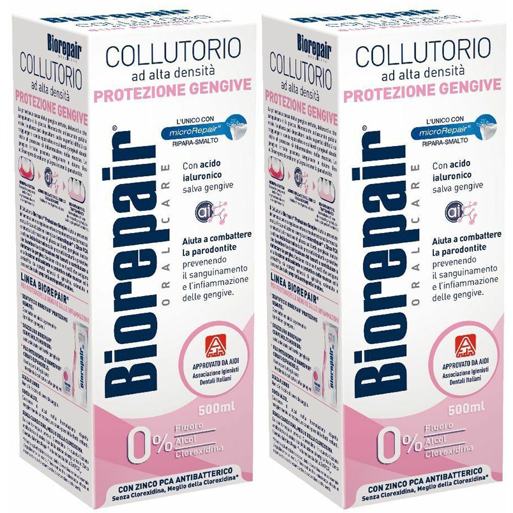 Due confezioni di Biorepair Collutorio. Confezione bianca con dettagli rosa. Testo: PROTEZIONE GENGIVE, 500ml, 0% alcool.