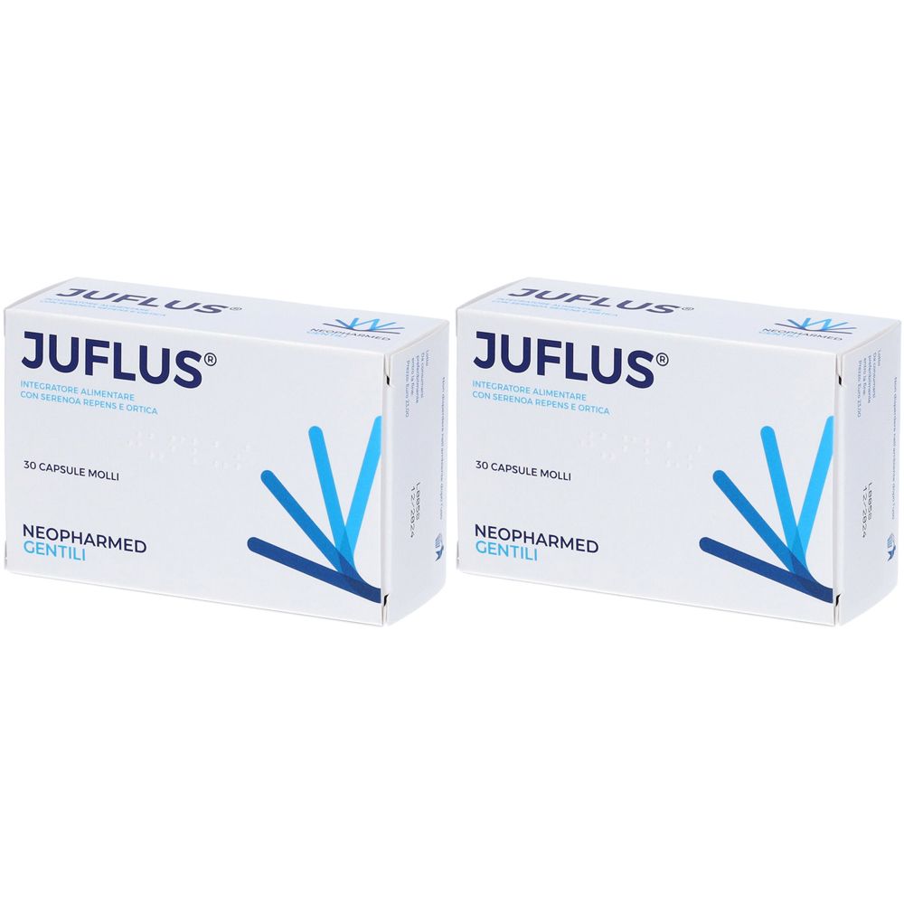 Due scatole bianche con la scritta JUFLUS. Ogni scatola riporta “30 Capsule Molli” e “NEOPHARMED GENTILI”.