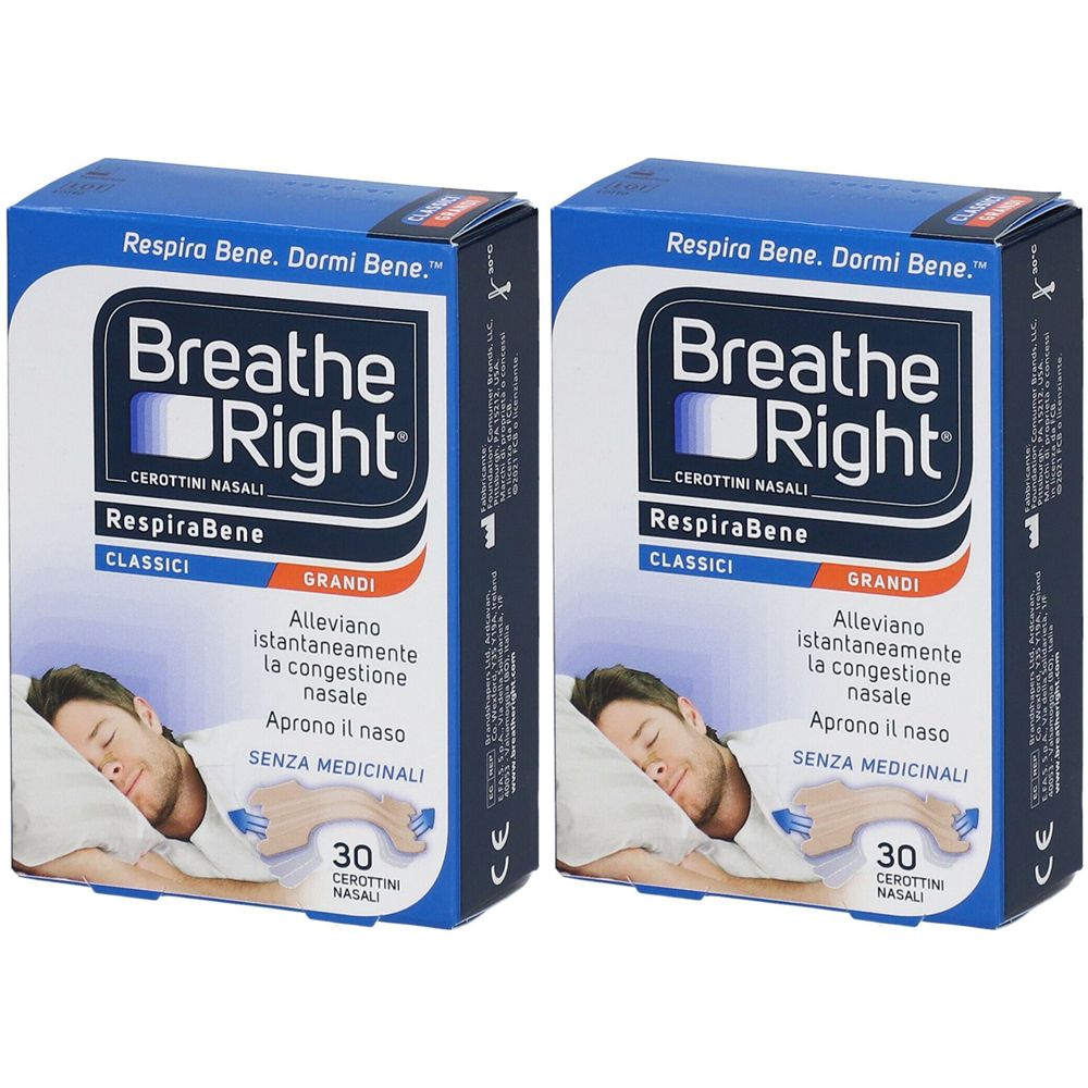 Due scatole blu "Breathe Right". Ogni scatola mostra una persona che dorme. Testo: Respira Bene, Dormi Bene.