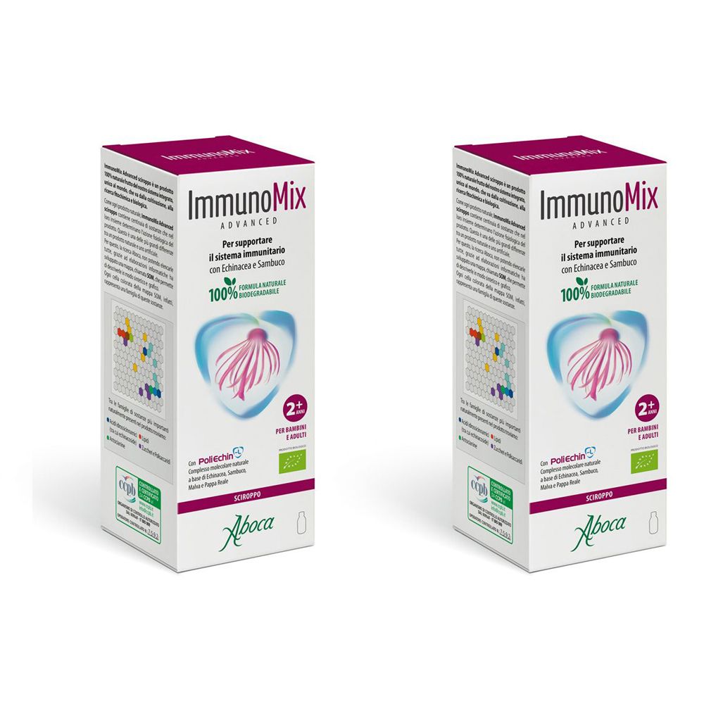 Due confezioni Immunomix Advanced. Bianche, coperchi viola, logo. Simbolo cuore rosso. Testo: 2+ per bambini.