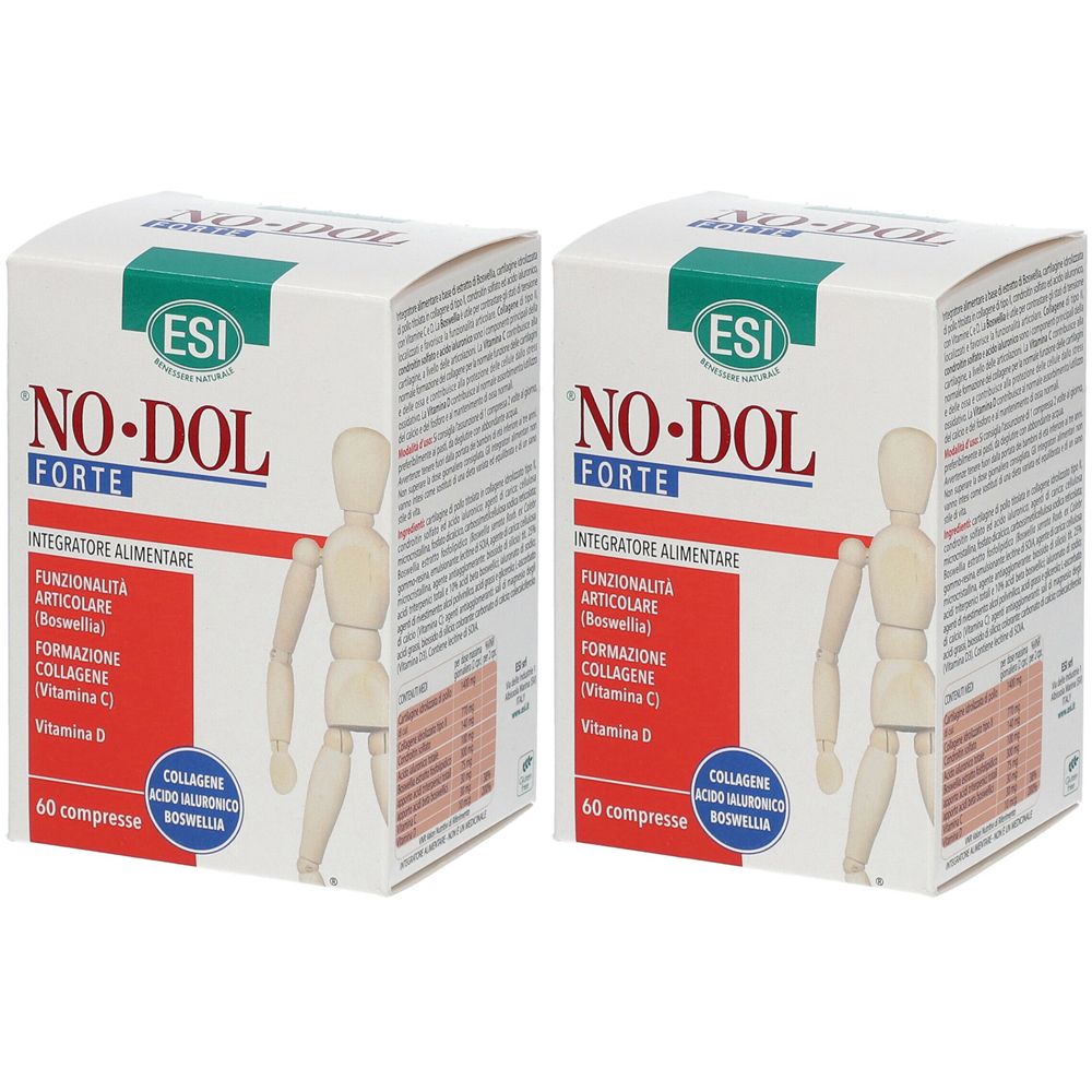 Due scatole bianche "NO•DOL FORTE". Scritta: Integratore alimentare, 60 compresse. Logo ESI.