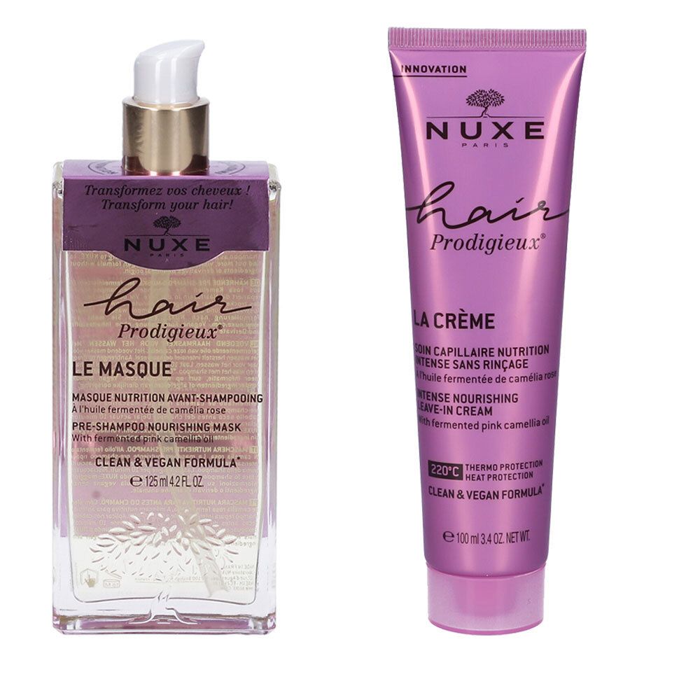Due prodotti per capelli. A sinistra, flacone trasparente con dosatore. A destra, tubo rosa. Entrambi con scritta Hair Prodigieux.