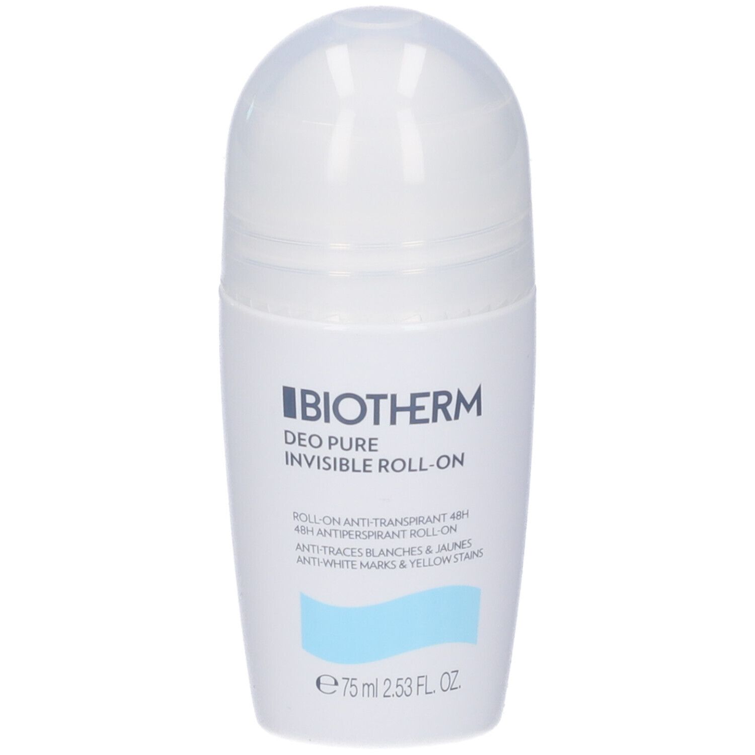 Biotherm Deo Pure Invisible Roll-on. Flacone bianco con etichetta blu. Scritta e logo.