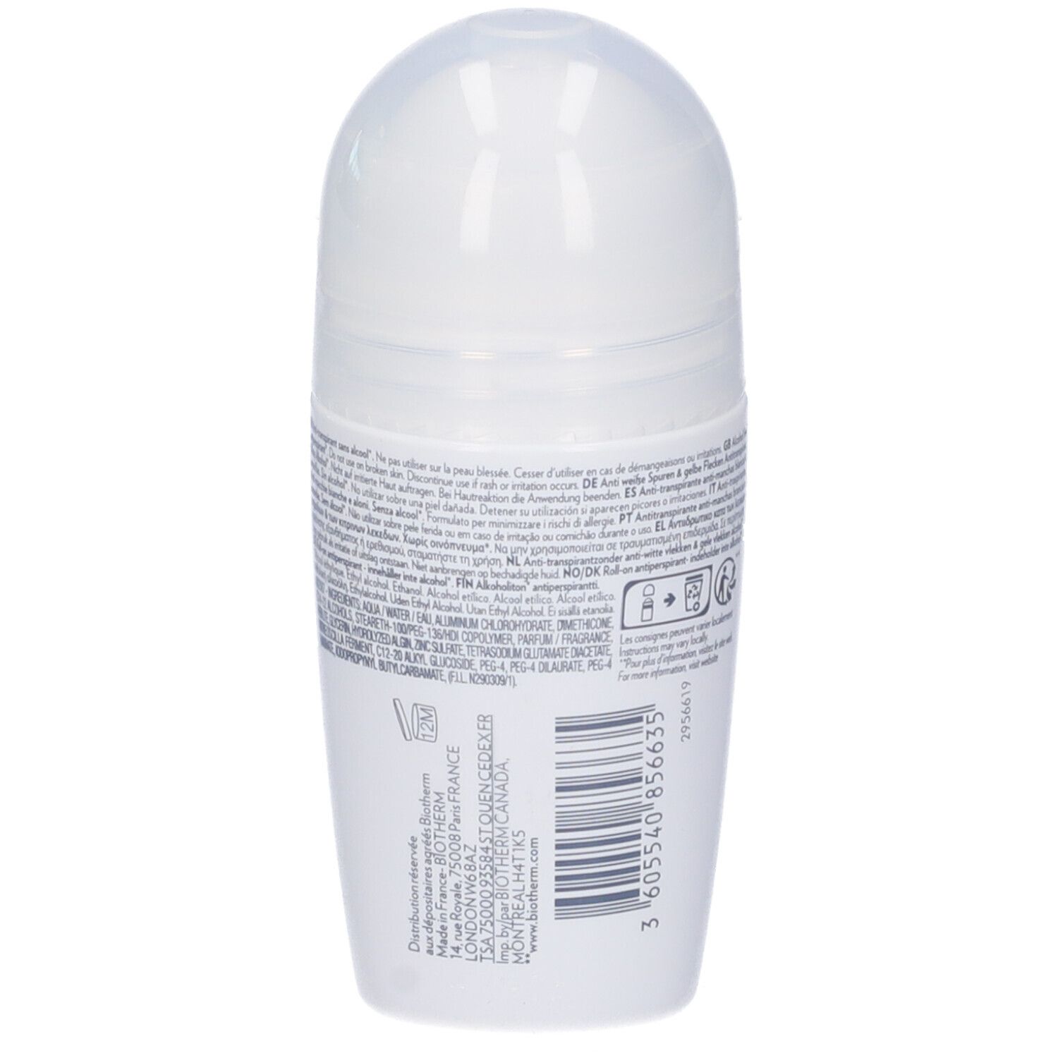 Biotherm Deo Pure Invisible Roll-on. Retro del flacone bianco con testo e loghi.