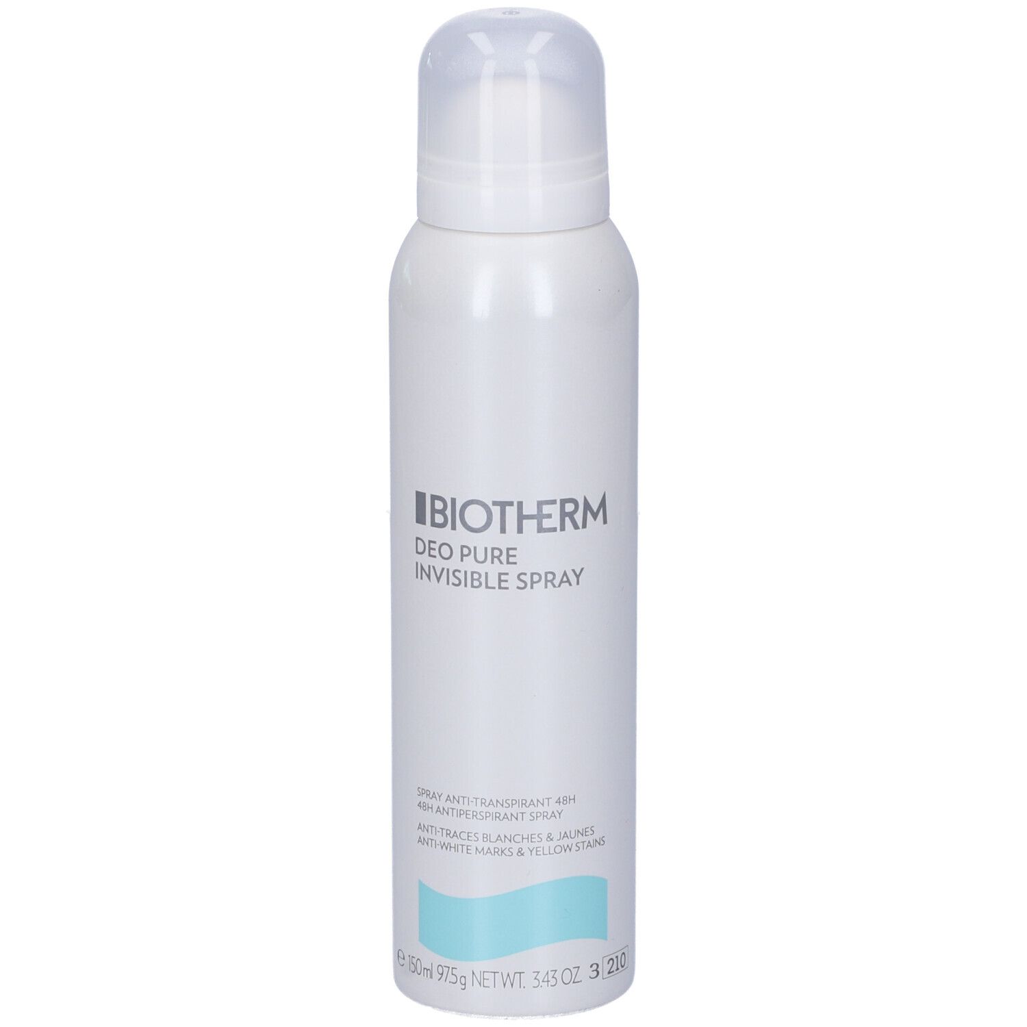 Spray bianco con tappo bianco. Scritta: Biotherm Deo Pure Invisible Spray. Striscia turchese in basso.