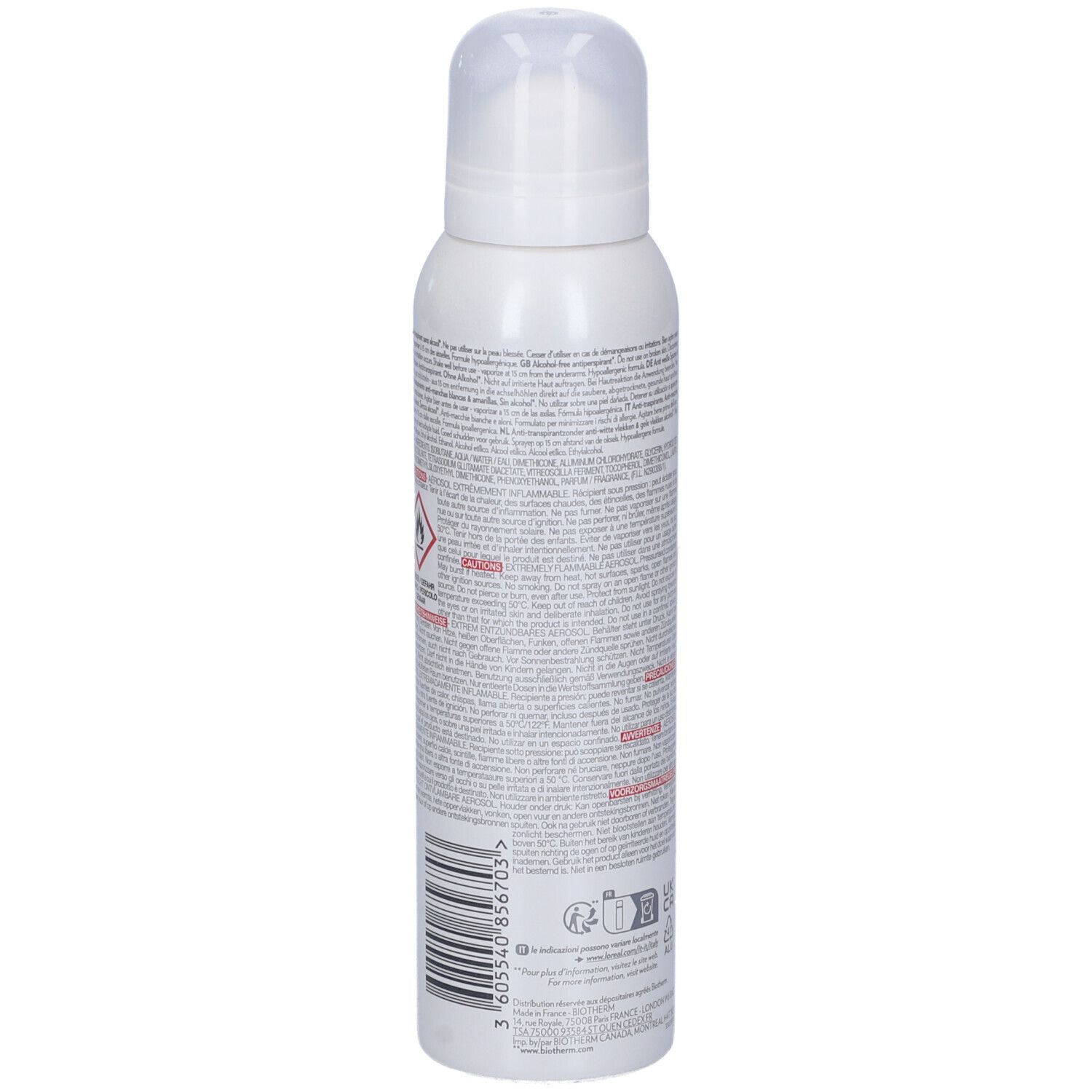 Spray bianco con tappo bianco. Retro con testo, codice a barre e simboli di pericolo. Striscia turchese in basso.