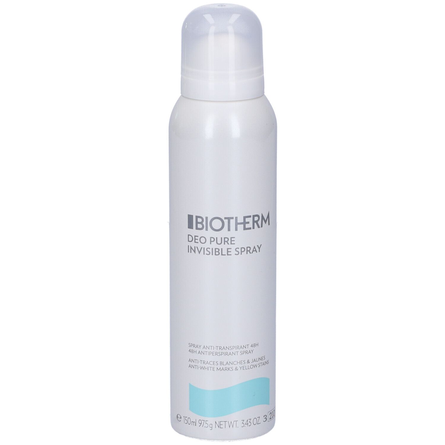Spray bianco con tappo bianco. Scritta: Biotherm Deo Pure Invisible Spray. Striscia turchese in basso.