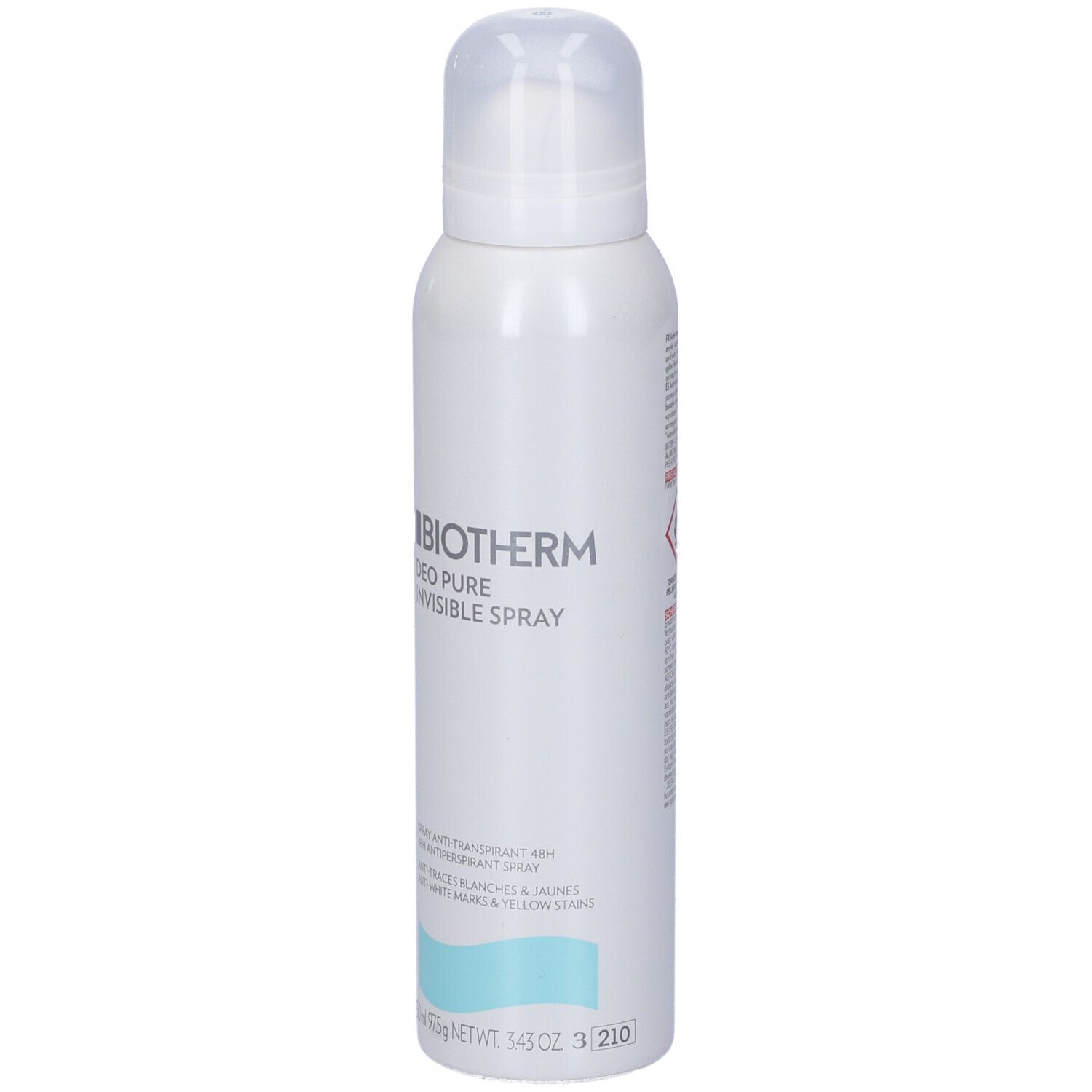 Spray bianco con tappo bianco. Scritta: Biotherm Deo Pure Invisible Spray. Striscia turchese in basso.