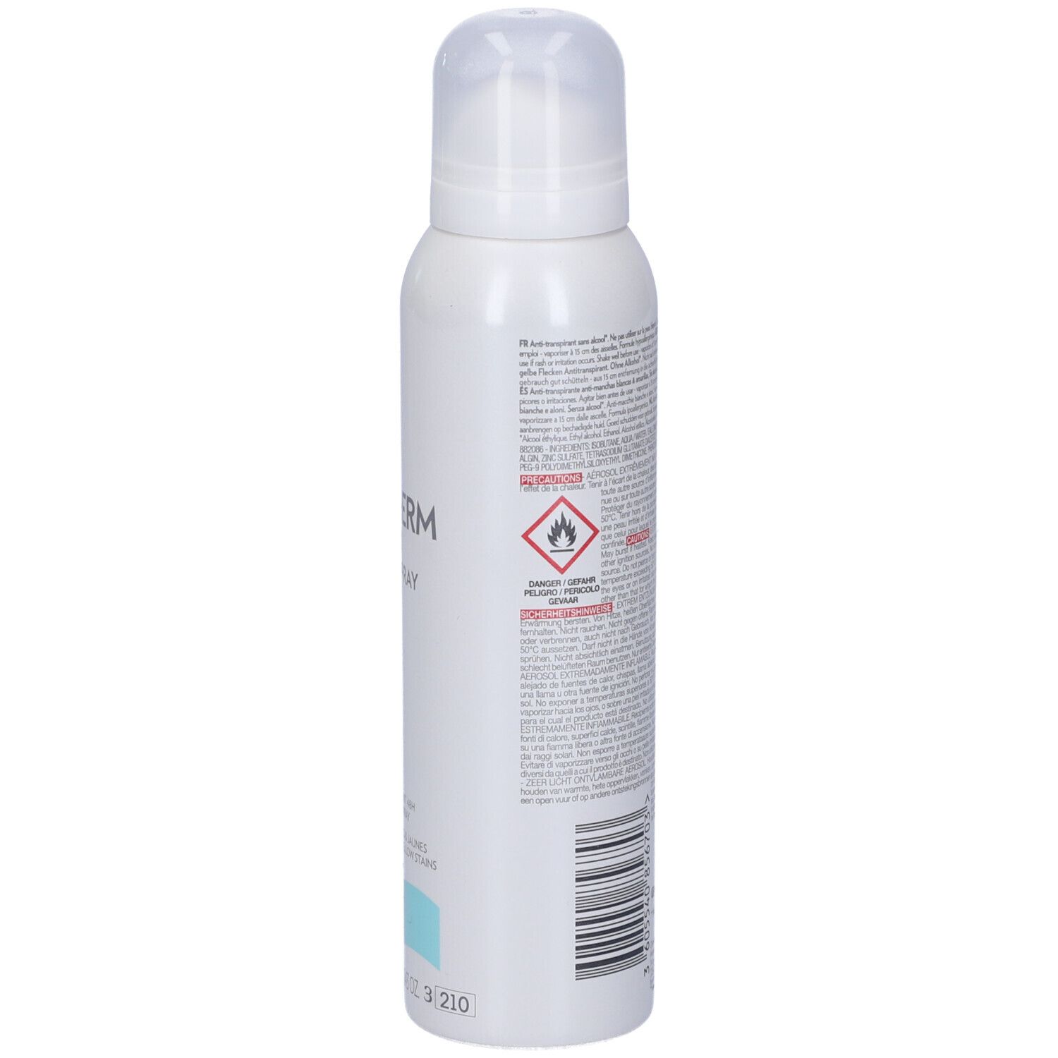Spray bianco con tappo bianco. Retro con testo, codice a barre e simboli di pericolo. Striscia turchese in basso.