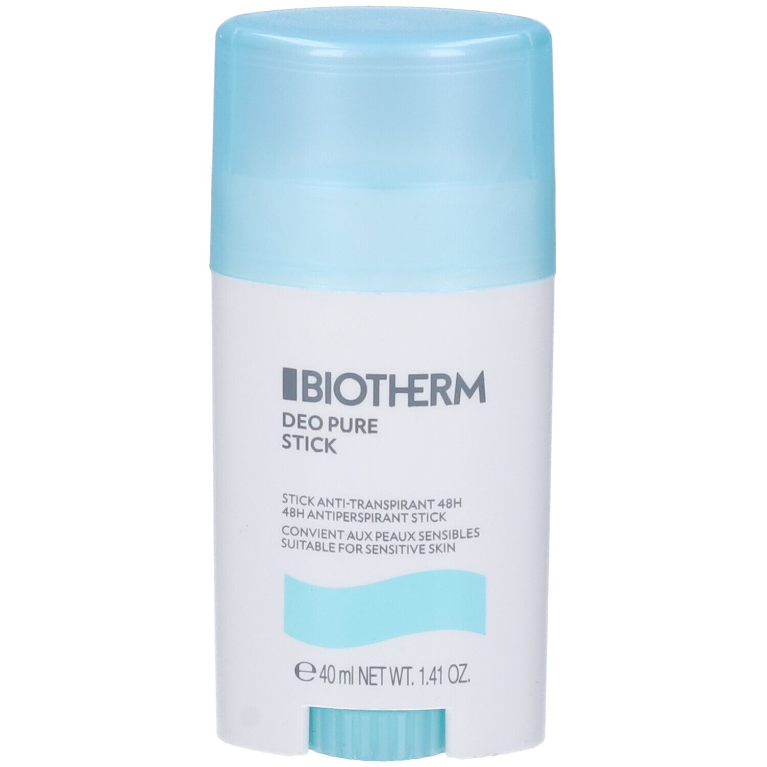 Stick deodorante Biotherm Deo Pure, bianco e blu. Informazioni sul prodotto visibili. 40 ml.