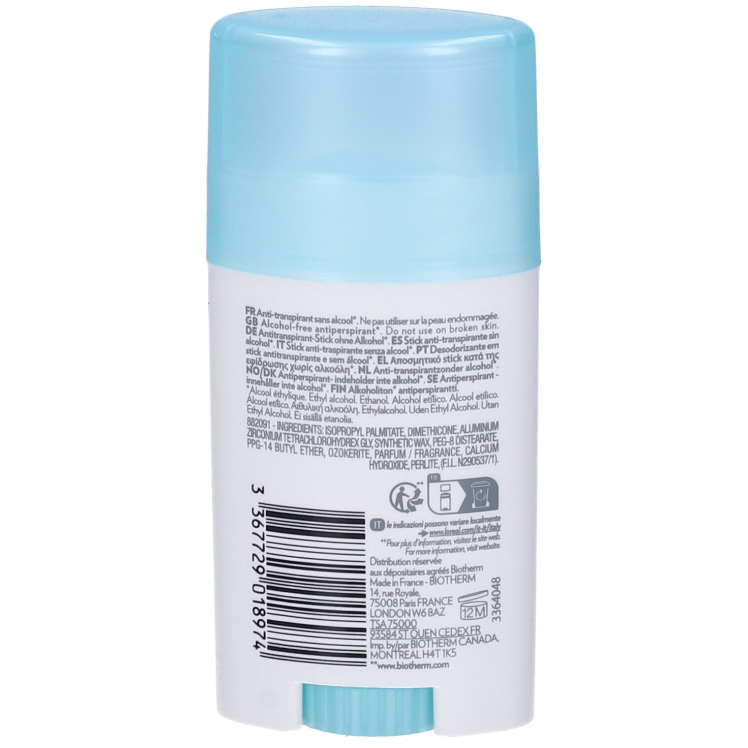 Retro dello stick Biotherm Deo Pure. Informazioni sul prodotto e ingredienti stampati.
