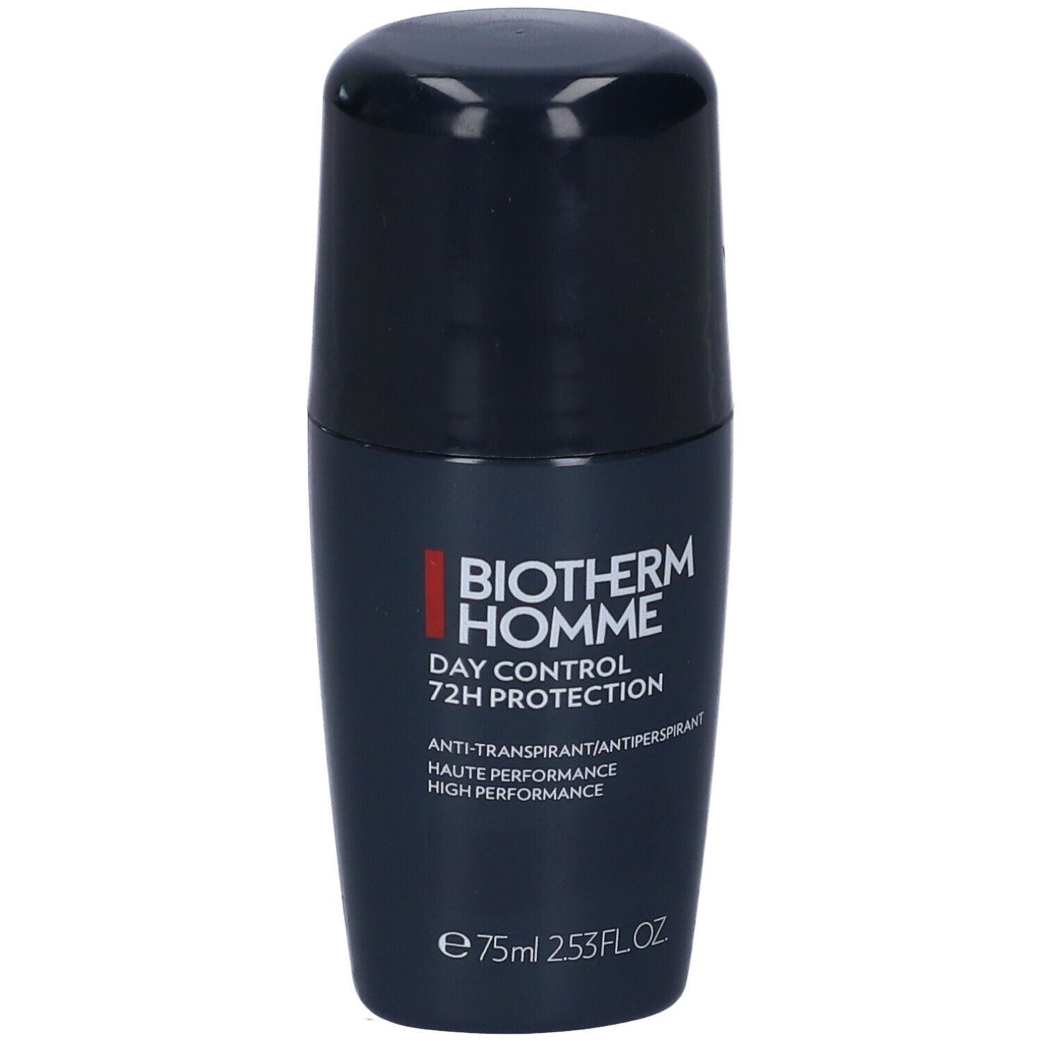 Roll-on blu scuro. Scritta bianca: Biotherm Homme, Day Control 72H Protection. Striscia rossa. Tappo nero.
