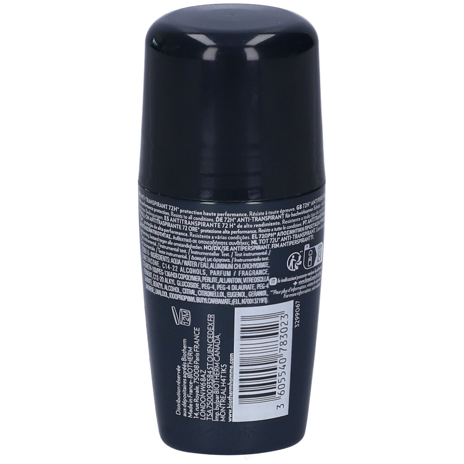 Retro del roll-on blu scuro. Testo multilingue. Tappo nero. Scritta bianca.