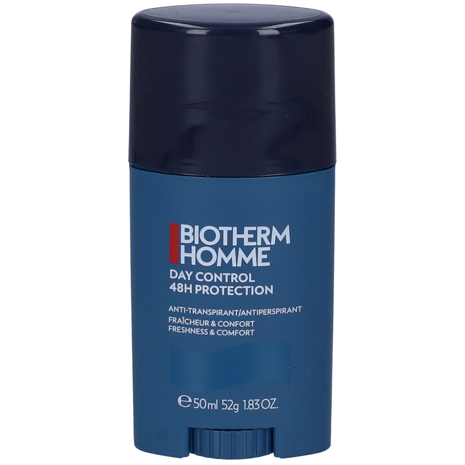 Stick Biotherm Homme Day Control. Stick blu-scuro con coperchio. Nome del prodotto e dettagli visibili sul fronte.
