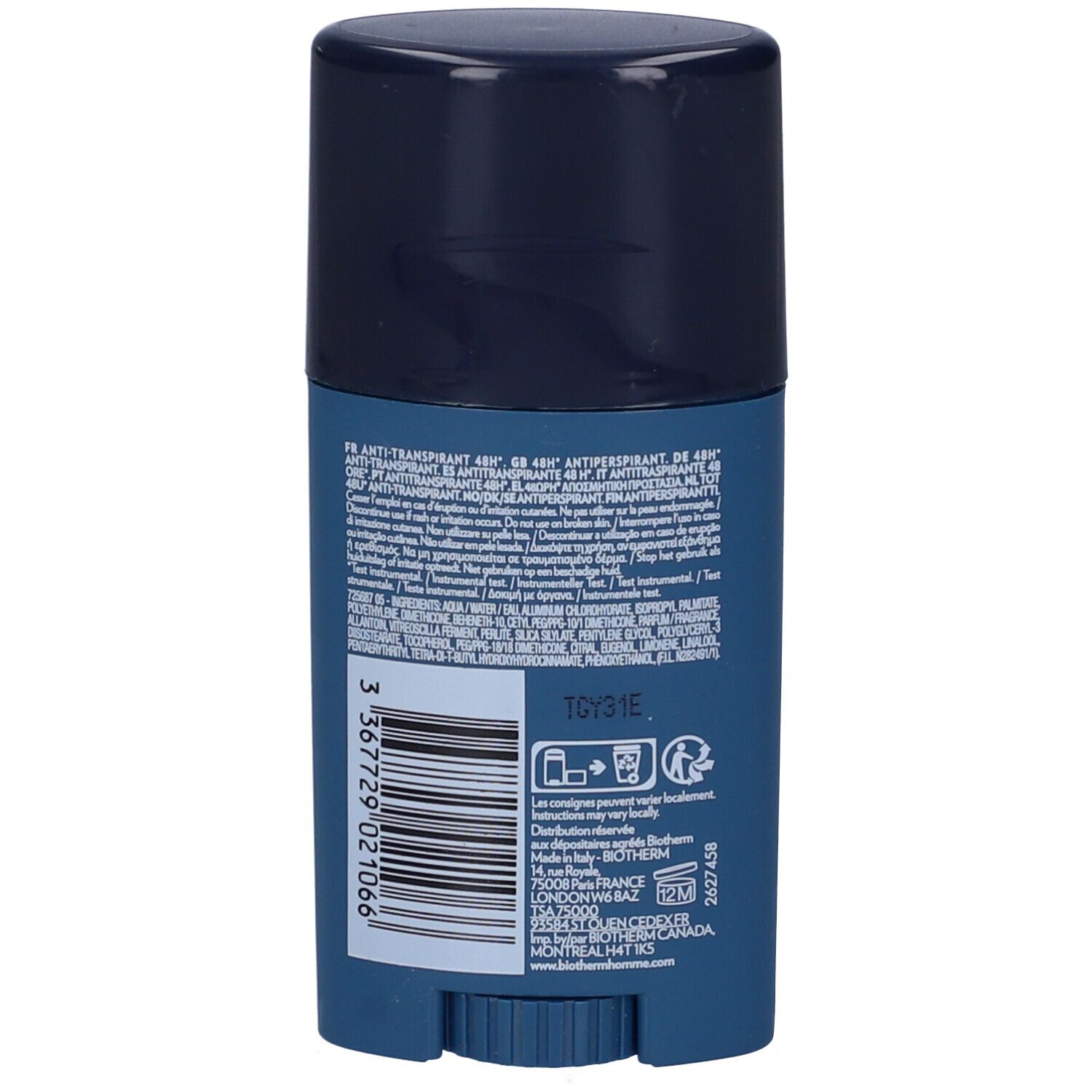 Retro dello stick Biotherm Homme Day Control. Testo e codice a barre su sfondo blu. Coperchio blu scuro.