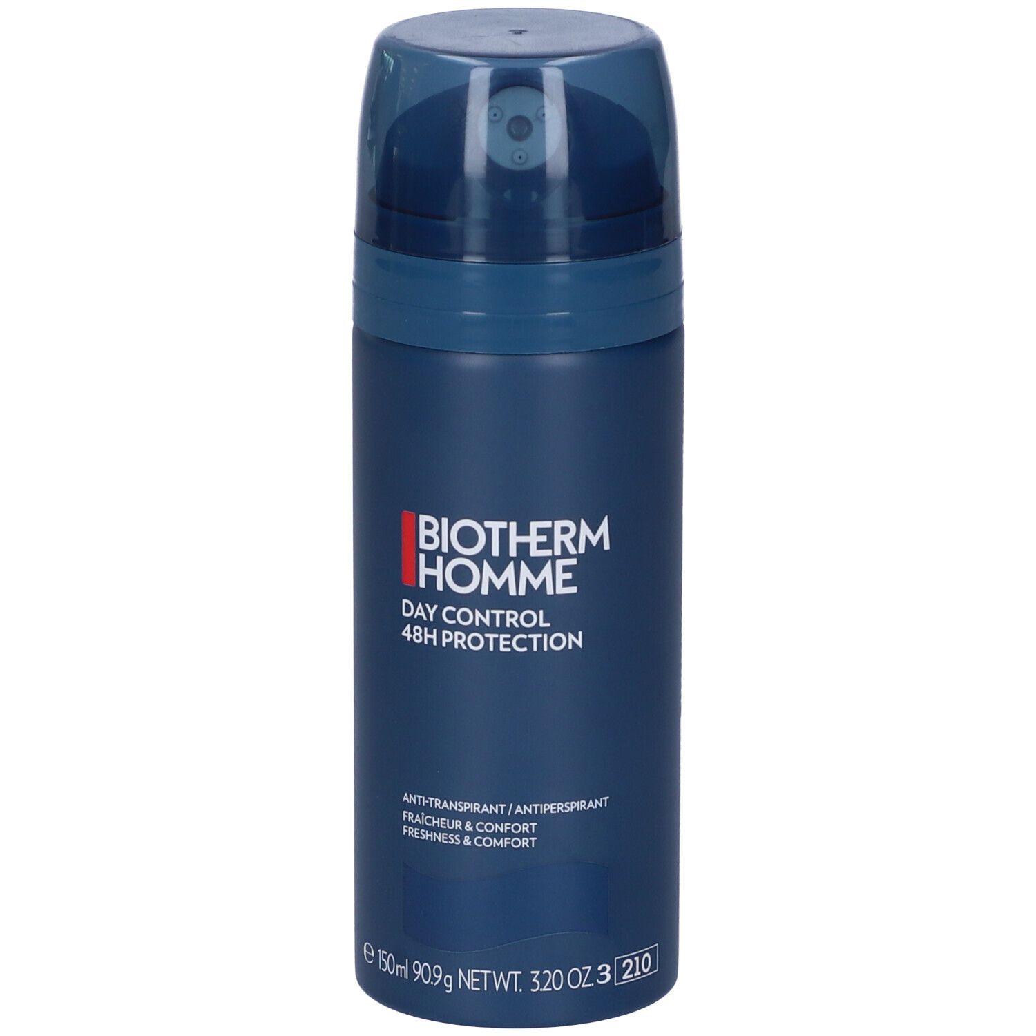 Spray blu-nero con erogatore. Scritta: Biotherm Homme, Day Control 48H Protection. Anti-traspirante.