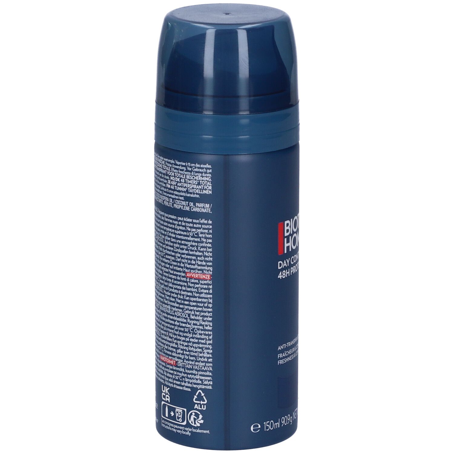 Spray blu-nero. Retro con testo. Scritta: Biotherm Homme, Day Control 48H Protection. Anti-traspirante.