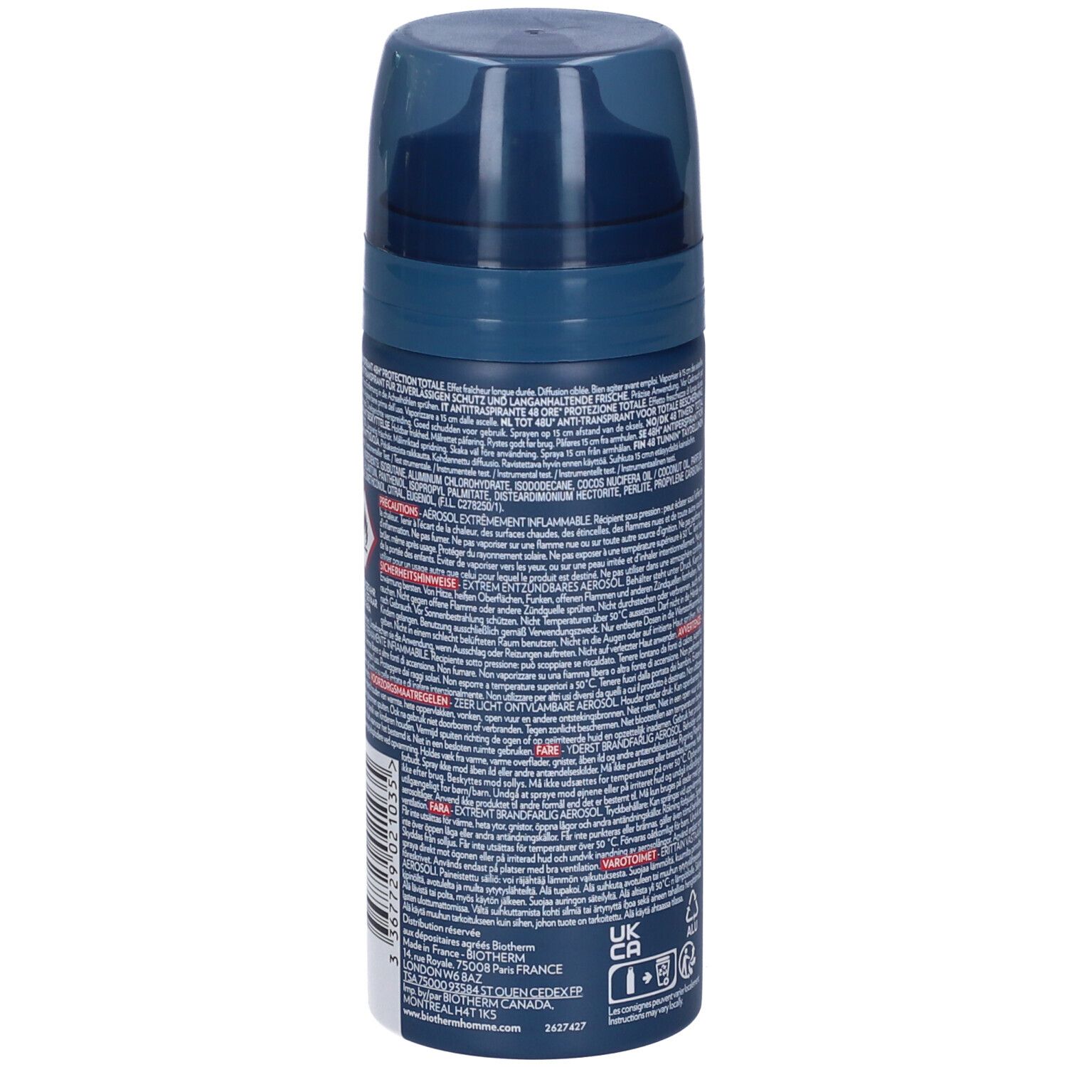 Spray blu-nero. Retro con testo. Scritta: Biotherm Homme, Day Control 48H Protection. Anti-traspirante.