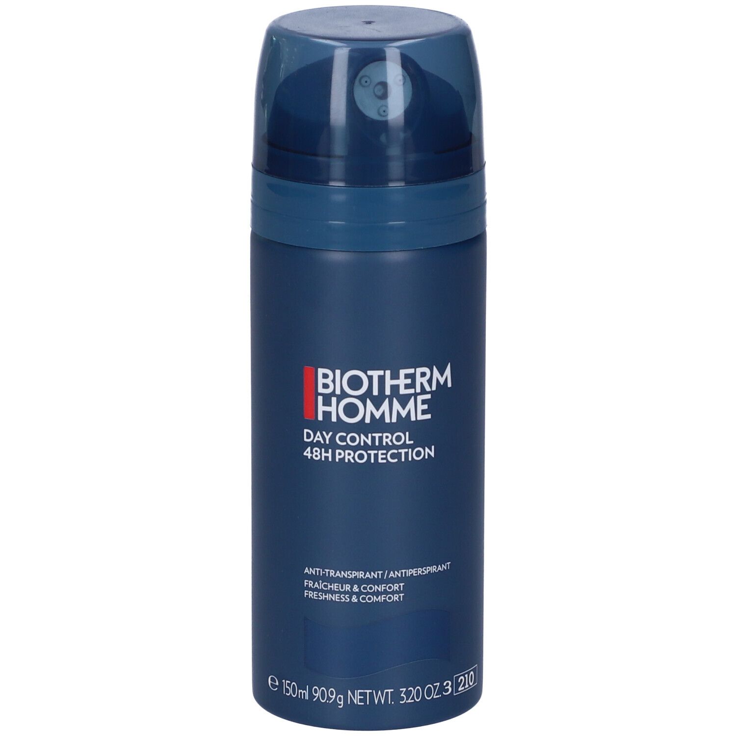 Spray blu-nero con erogatore. Scritta: Biotherm Homme, Day Control 48H Protection. Anti-traspirante.
