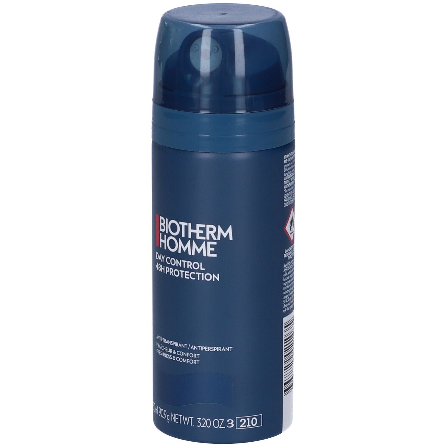 Spray blu-nero con erogatore. Scritta: Biotherm Homme, Day Control 48H Protection. Anti-traspirante.