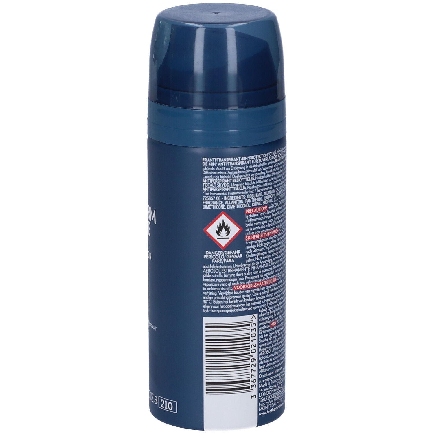 Spray blu-nero. Retro con testo e simbolo di pericolo. Scritta: Biotherm Homme, Day Control 48H Protection.