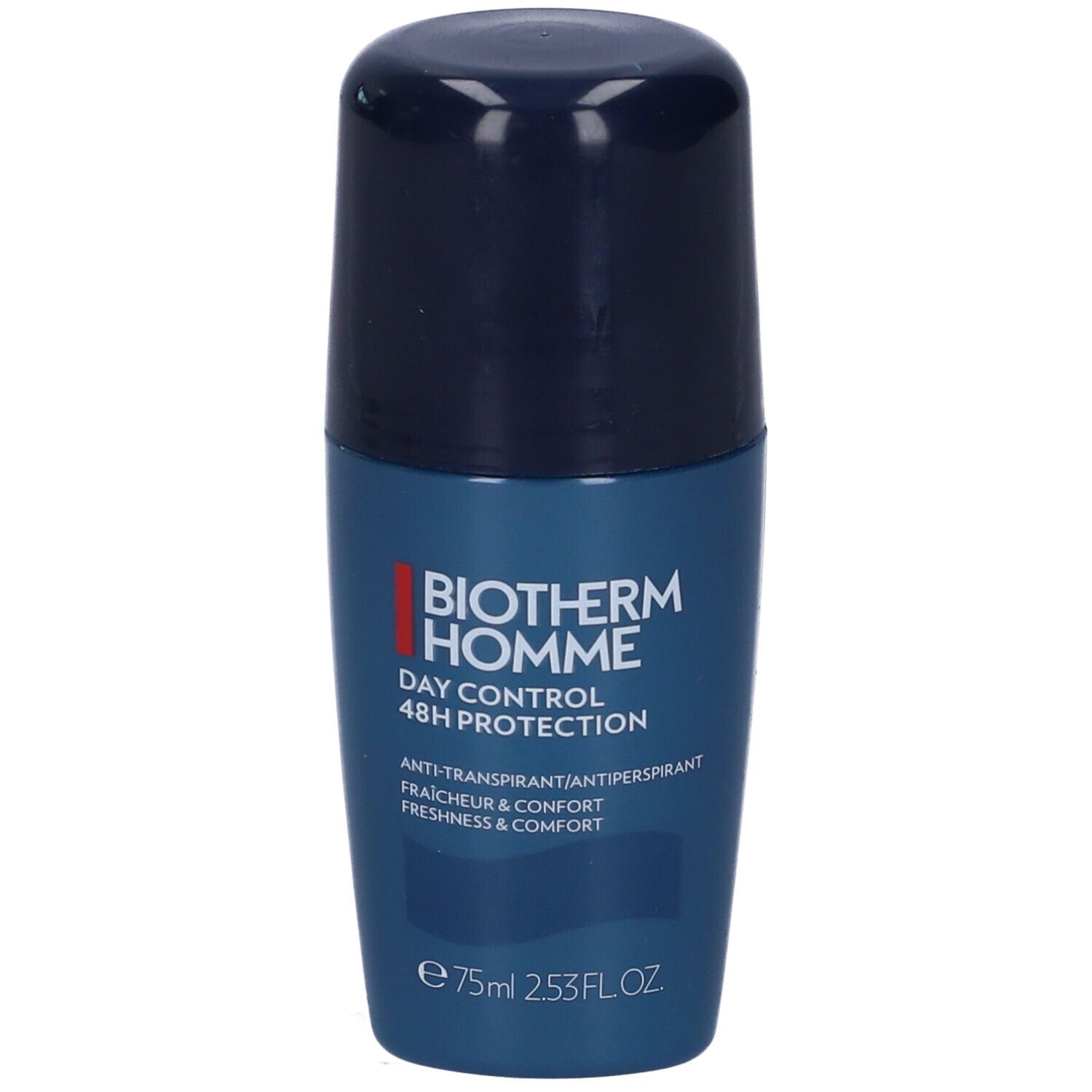 Flacone roll-on blu scuro. Scritta: Biotherm Homme Day Control 48H Protection. Capacità: 75 ml.