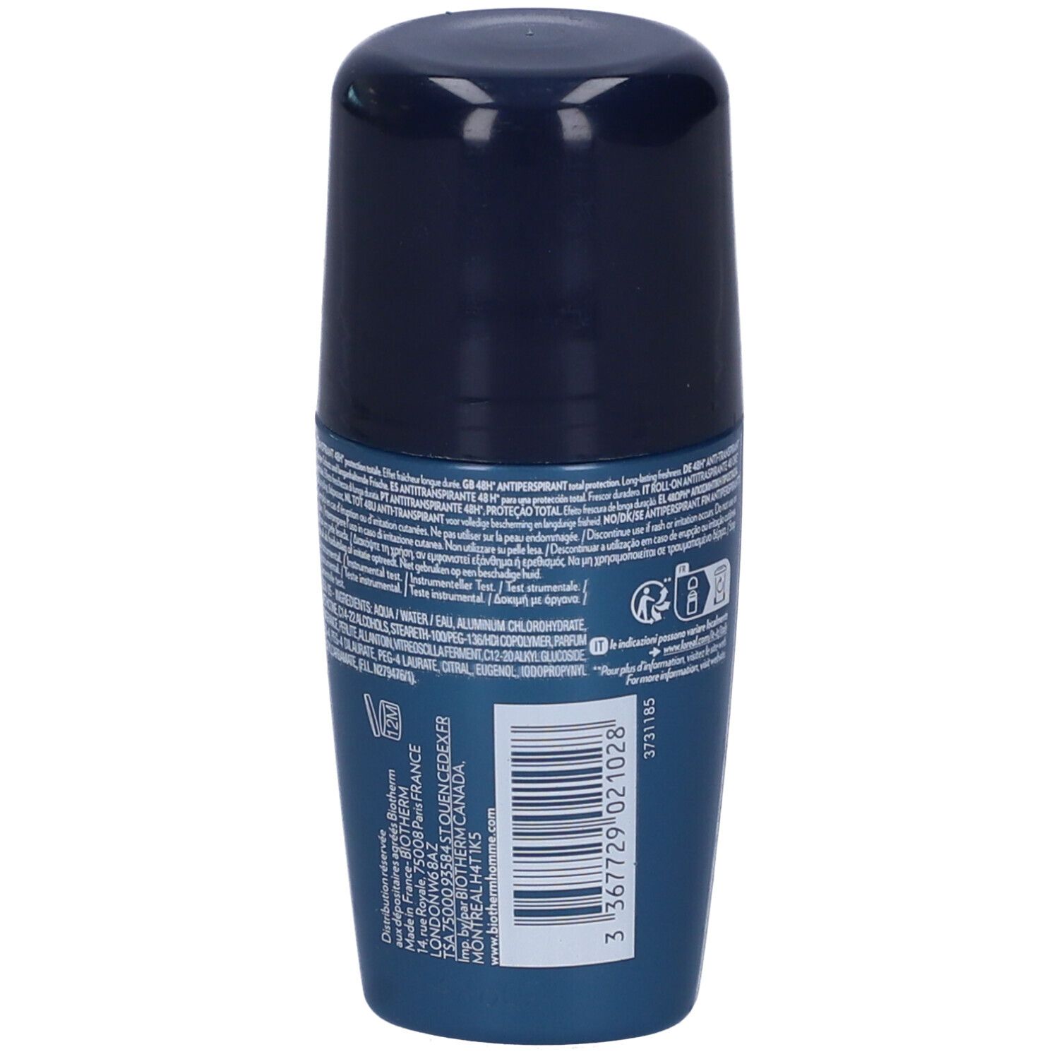 Retro del flacone roll-on. Contiene testo, codice a barre e loghi. Colore: blu.