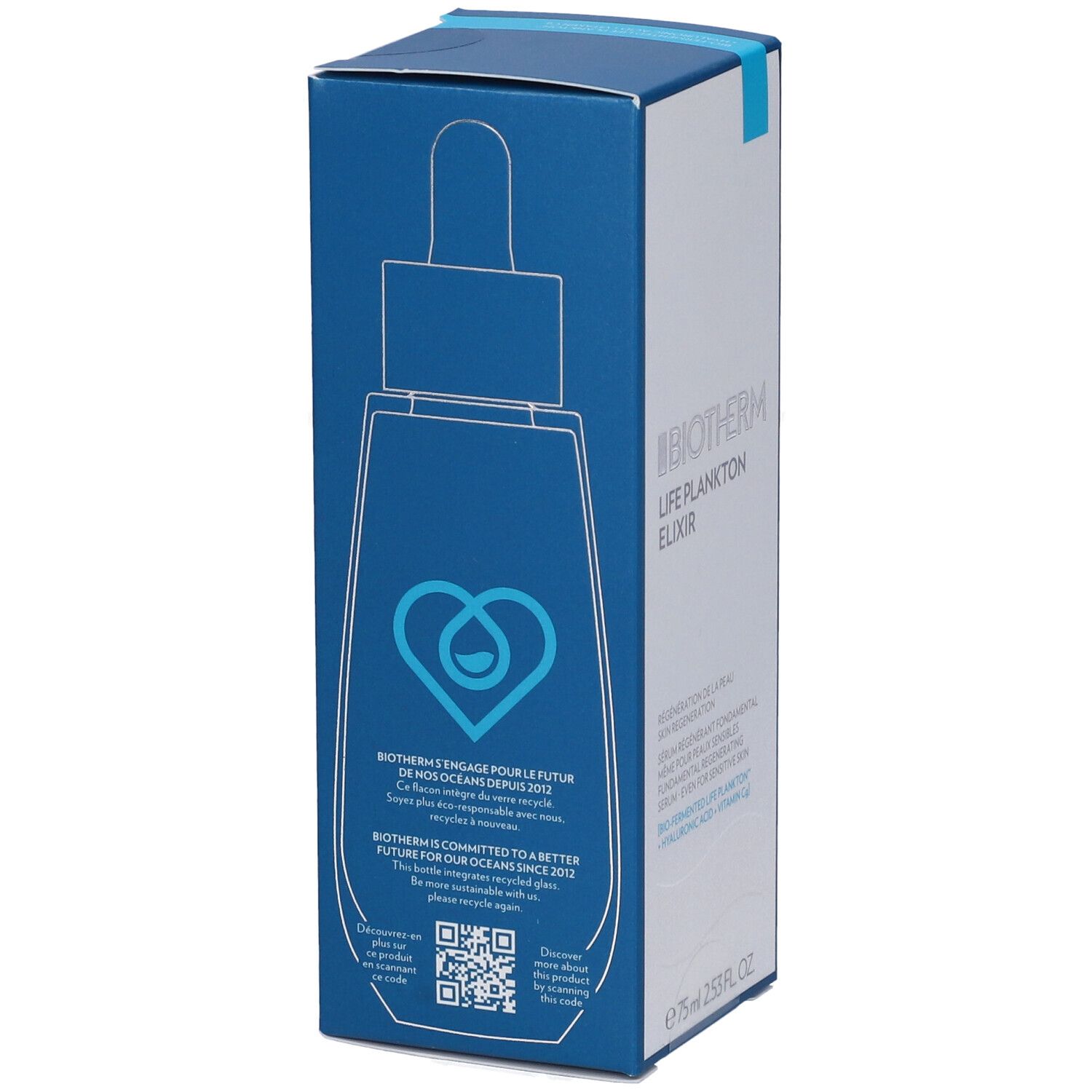 Retro della confezione Biotherm Life Plankton Elixir. Illustrazione di un flacone. Testo: Biotherm si impegna per il futuro degli oceani.