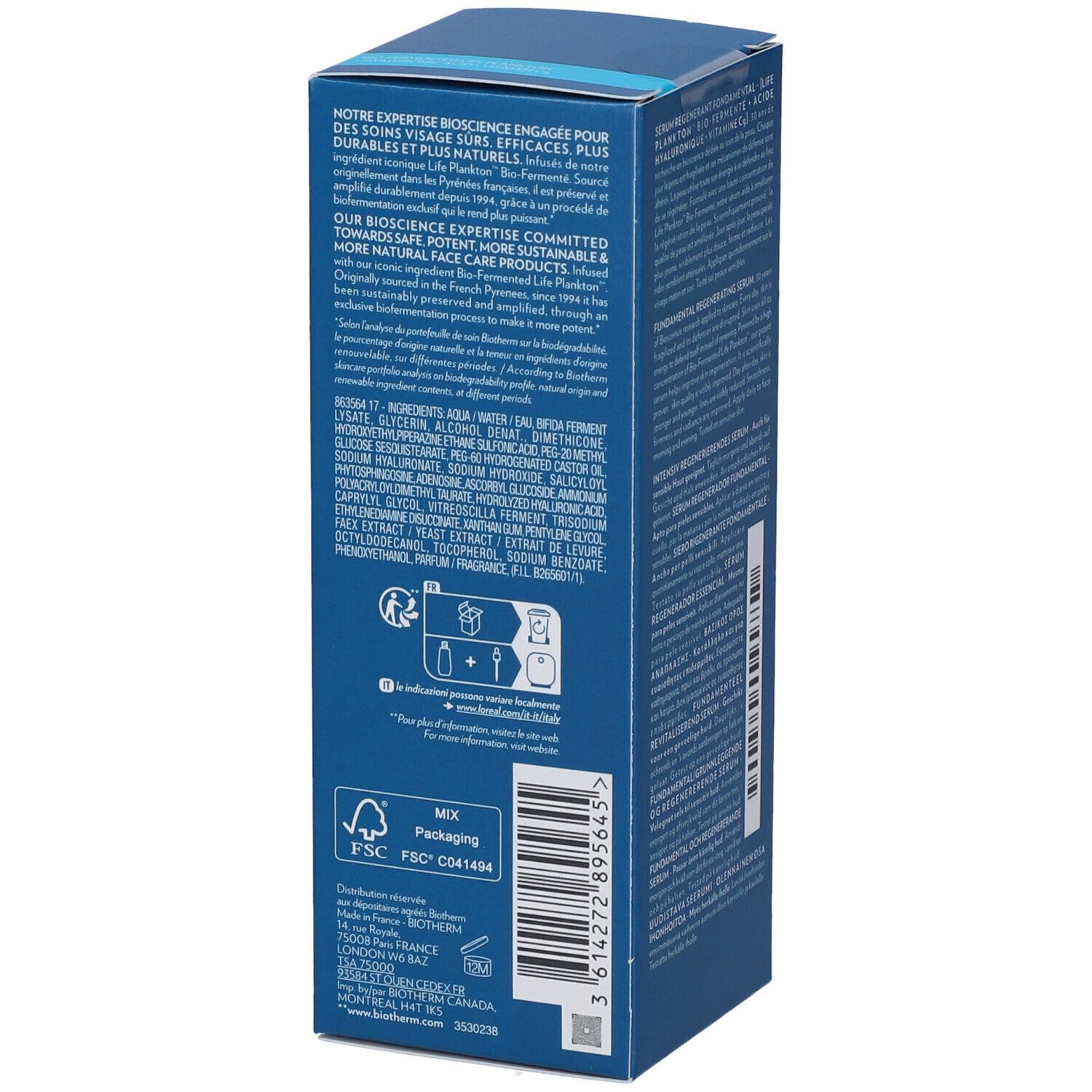 Lato della confezione Biotherm Life Plankton Elixir. Testo: La nostra esperienza si impegna per la cura della pelle sostenibile.