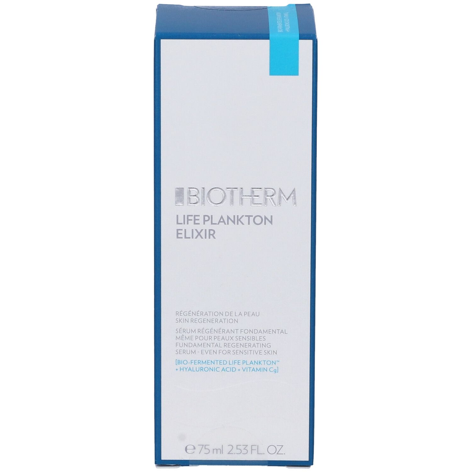 Fronte della confezione Biotherm Life Plankton Elixir. Testo: Biotherm Life Plankton Elixir, 75ml.