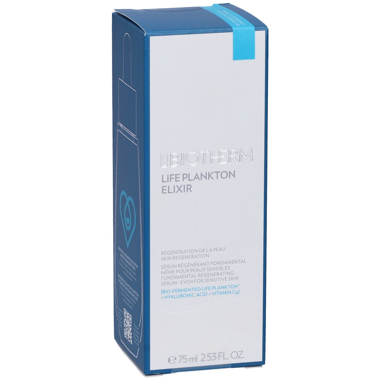 Fronte della confezione Biotherm Life Plankton Elixir. Testo: Biotherm Life Plankton Elixir, 75ml. Con logo FSC.
