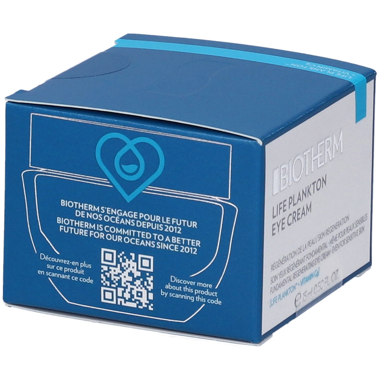 Confezione blu di Biotherm Life Plankton Eye Cream. Logo, QR code e testo: Biotherm si impegna per il futuro degli oceani.