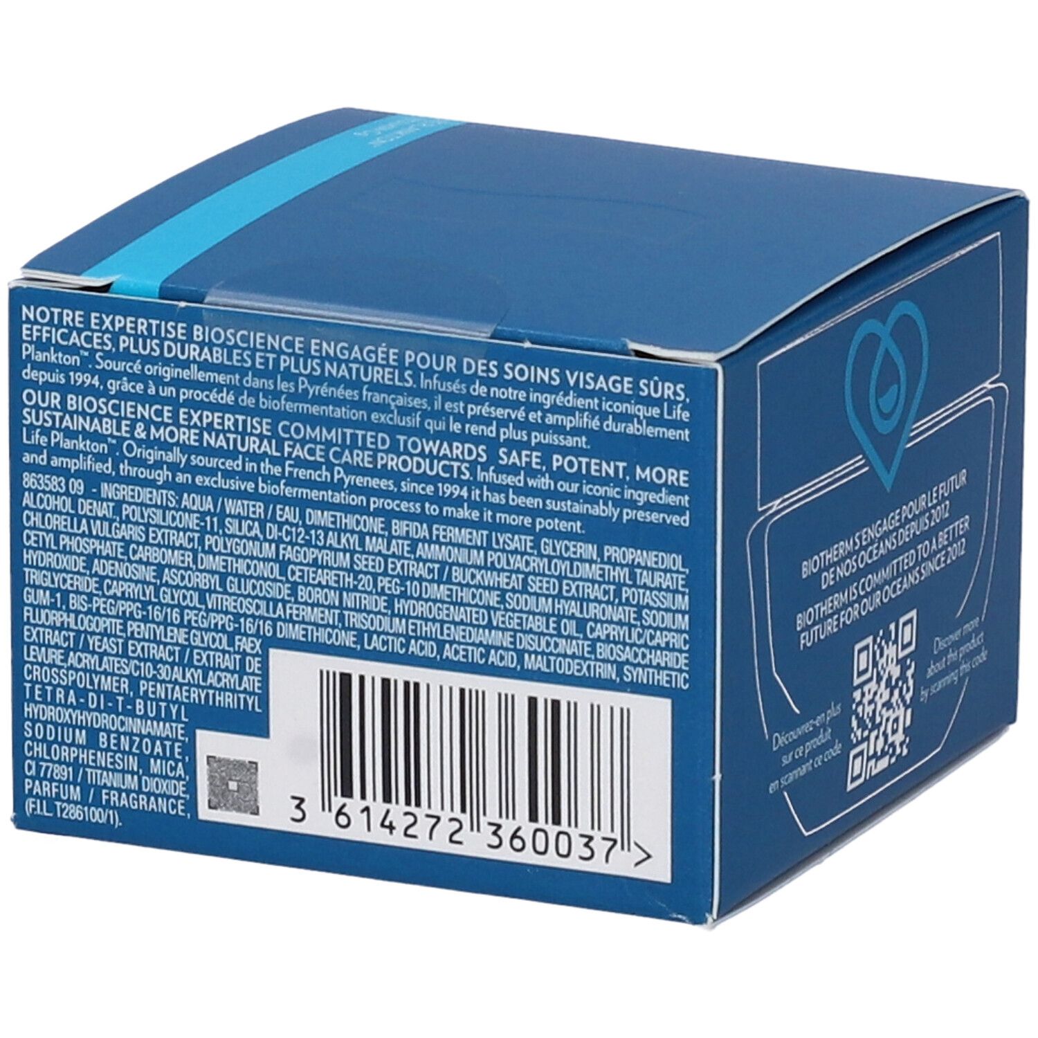 Retro della confezione blu di Biotherm Life Plankton Eye Cream. Testo e codice a barre. Ingredienti e informazioni del produttore.