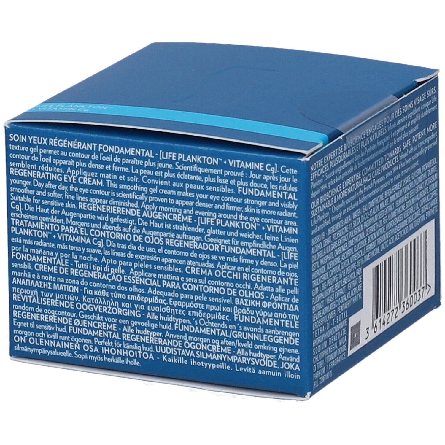 Parte superiore della confezione blu di Biotherm Life Plankton Eye Cream. Testo multilingue. Informazioni sul prodotto.