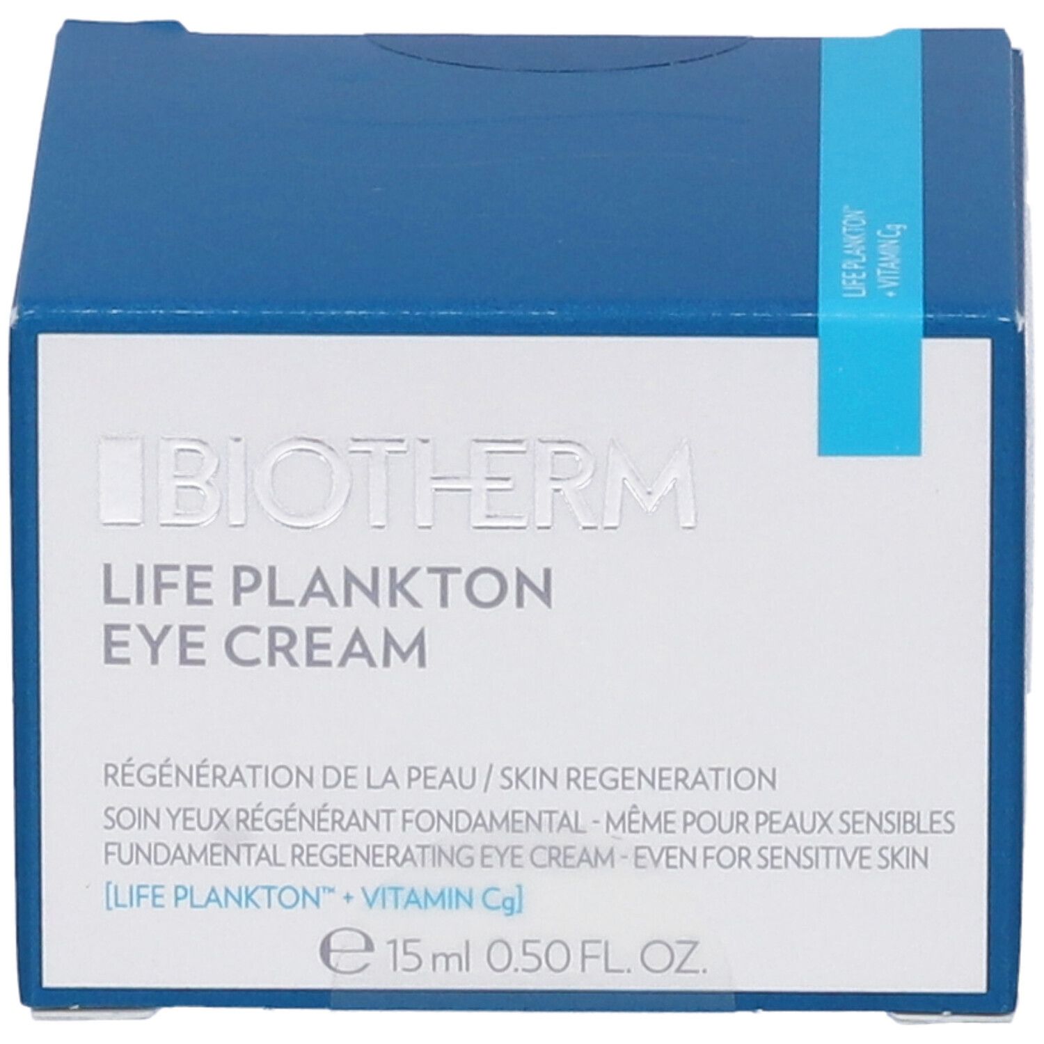Confezione blu di Biotherm Life Plankton Eye Cream. Testo: Life Plankton Eye Cream, 15 ml, Vitamin Cg.