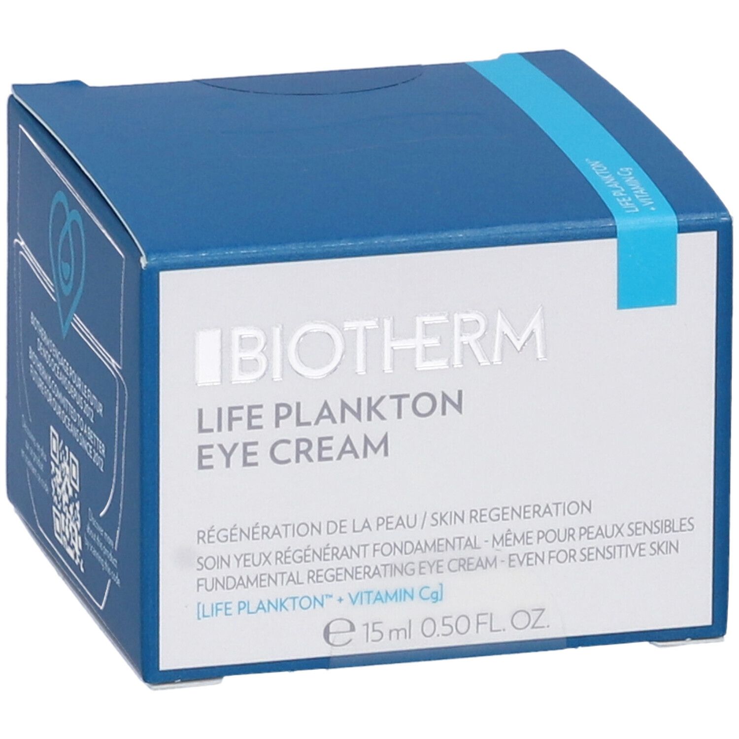 Confezione blu di Biotherm Life Plankton Eye Cream. Logo, testo: Life Plankton Eye Cream, 15 ml, Vitamin Cg.