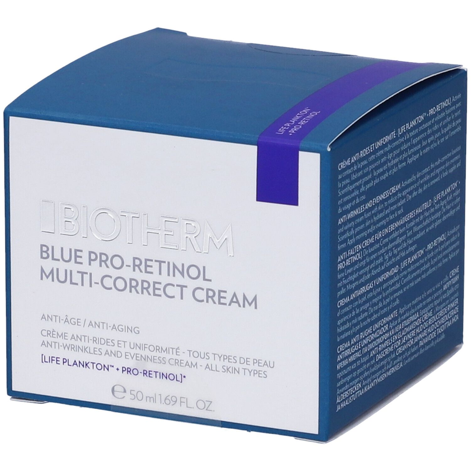 Confezione blu e bianca. Scritta: Biotherm Blue Pro-Retinol Multi-Correct Cream. Crema anti-età.