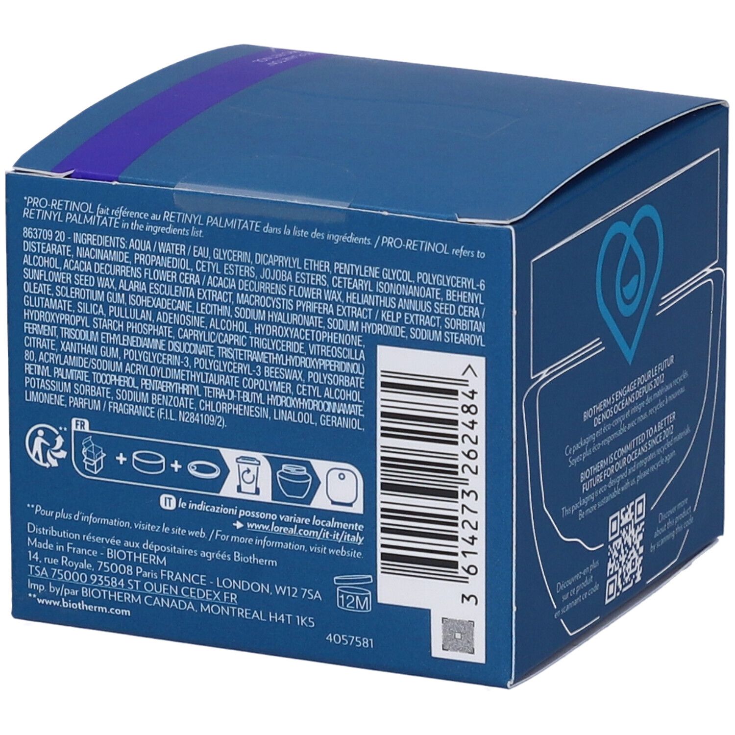 Retro della confezione blu. Ingredienti e informazioni. Codice QR e simboli di riciclaggio.
