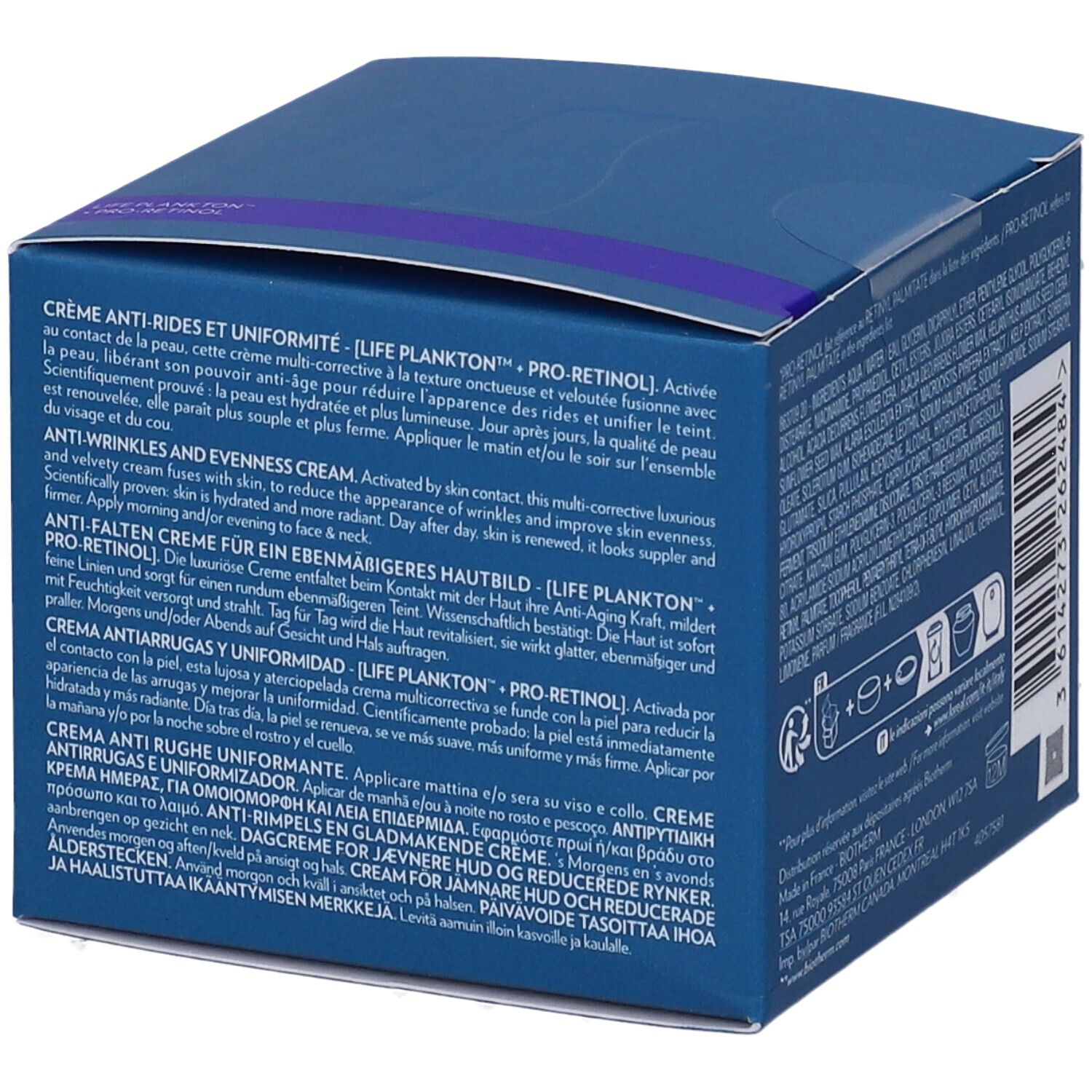 Confezione blu con testo multilingue. Informazioni sulla crema. Simboli e codice QR.