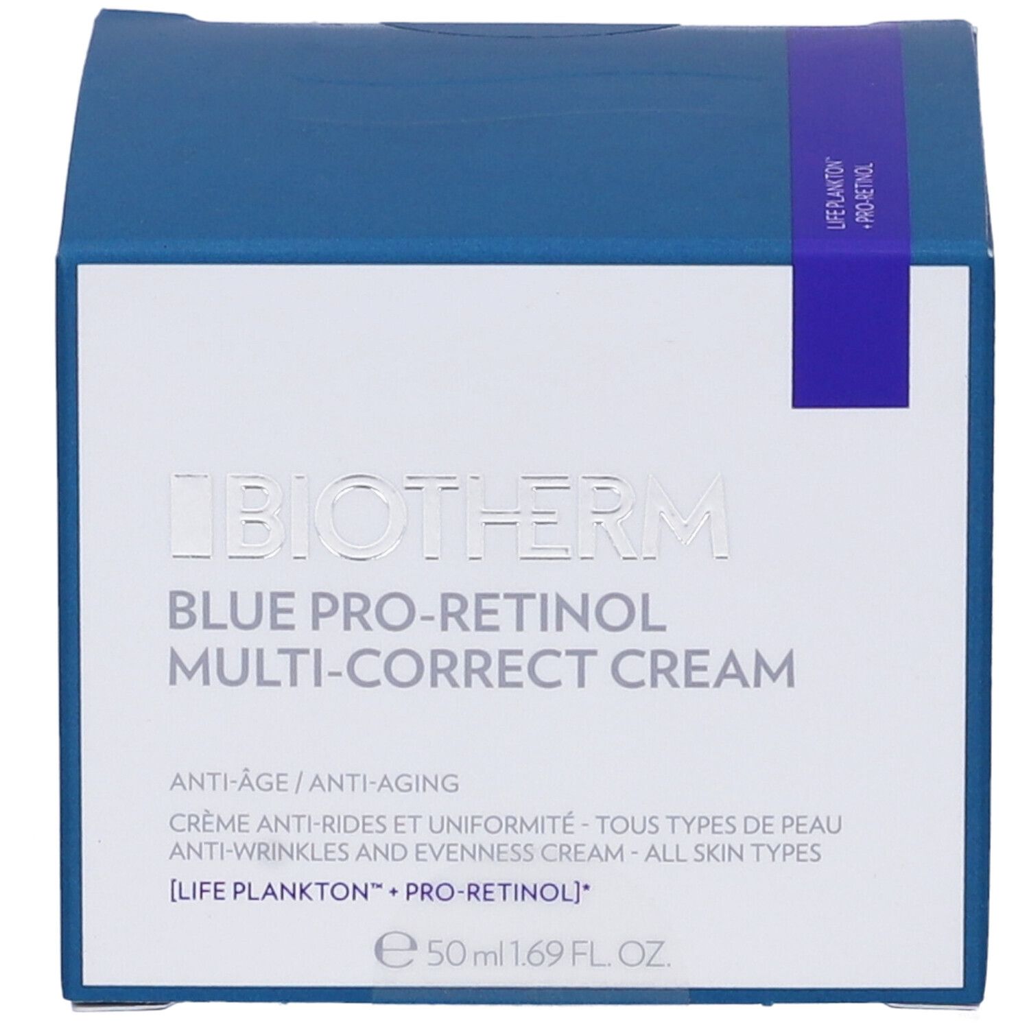 Confezione blu. Scritta: Biotherm Blue Pro-Retinol Multi-Correct Cream. Crema anti-età.